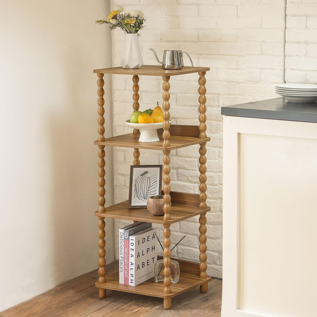 Fultyle Caramel Tan 4-Tier Open Wooden-Leg Bookshelf for Bedroom, Living Room & Office