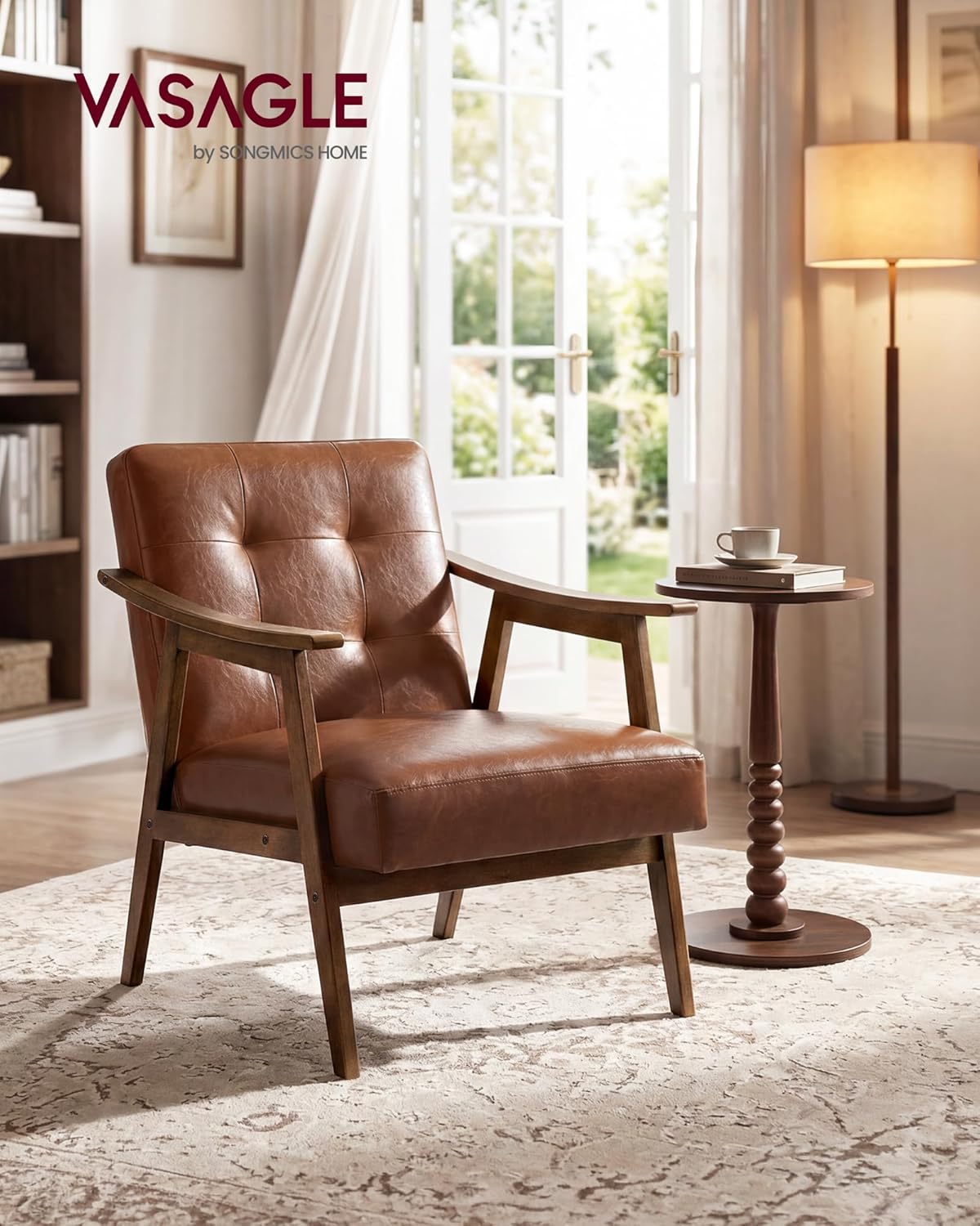 VASAGLE Accent Chair, PU Leather Armchair, Button Tufted Living Room Chair, Thick Cushion, Mid Century Modern Lounge Seating for Bedroom, Reading Nook, Home Office, Brown ULYY200KZ02S