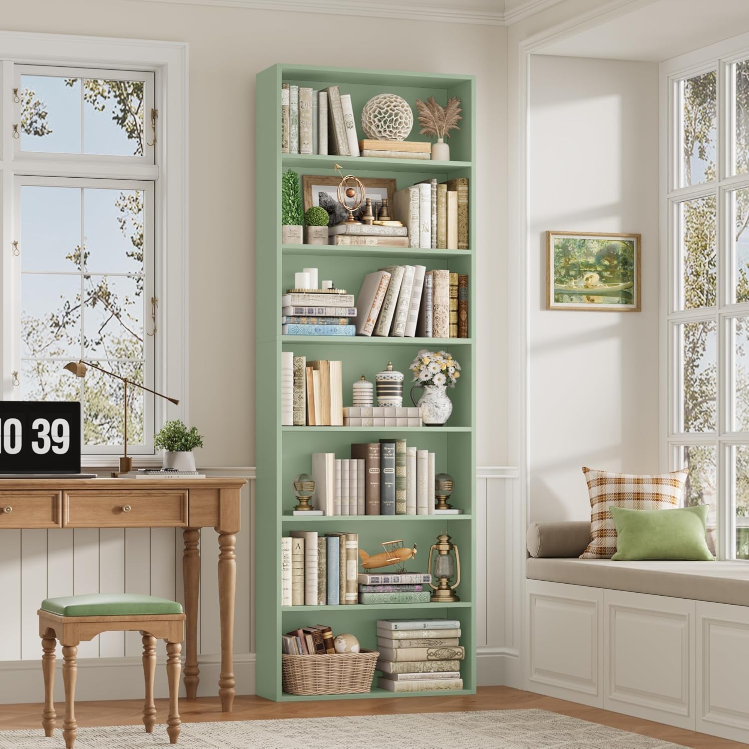 FACBOTALL 82" Tall Bookshelf, 7-Tier Open Shelves Bookcase, Freestanding Display Storage Shelves, Tall Bookcase Home Decor Furniture for Home Office, Living Room, Bedroom, Green