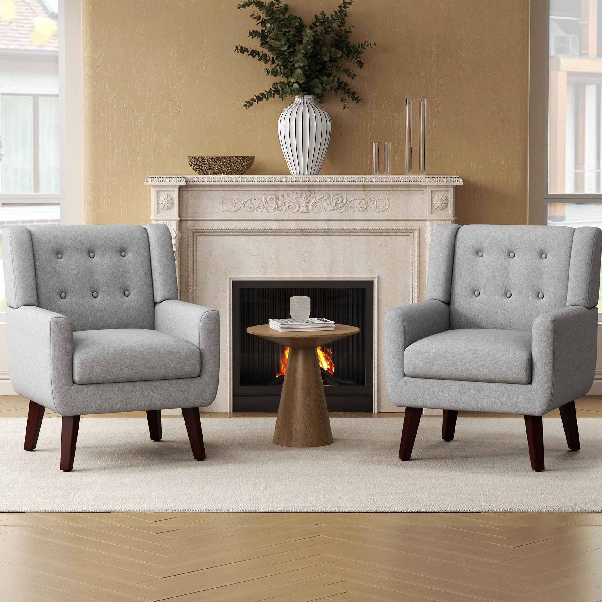 Linen Fabric Living Room Chairs, Accent Chair, Mid Century Modern Armchair for Living Room, Bedroom Button Tufted Upholstered Comfy Reading Sofas,Vanity Chair (2, Beige)