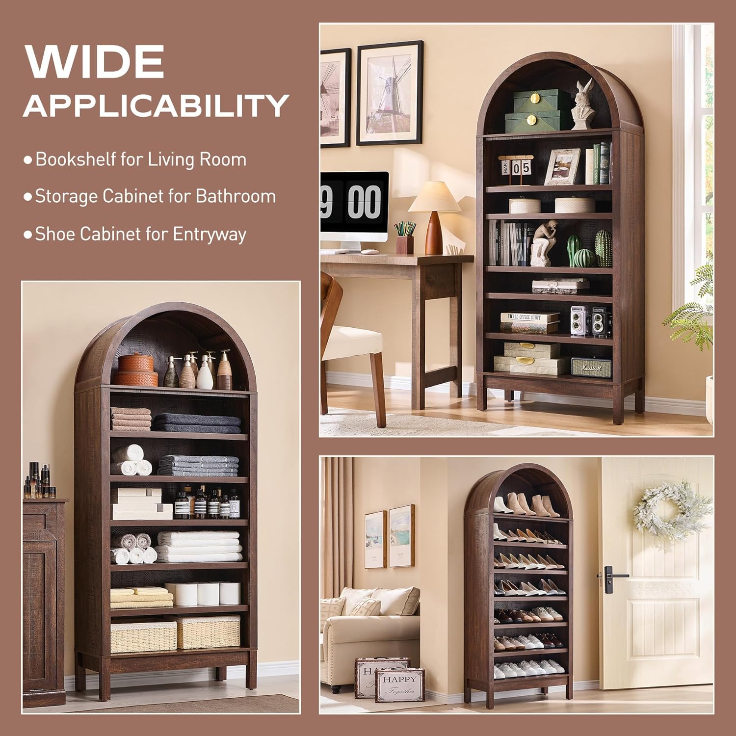 71" 7-Tier Arched Wood Bookshelf Adjustable Shelves, Brown