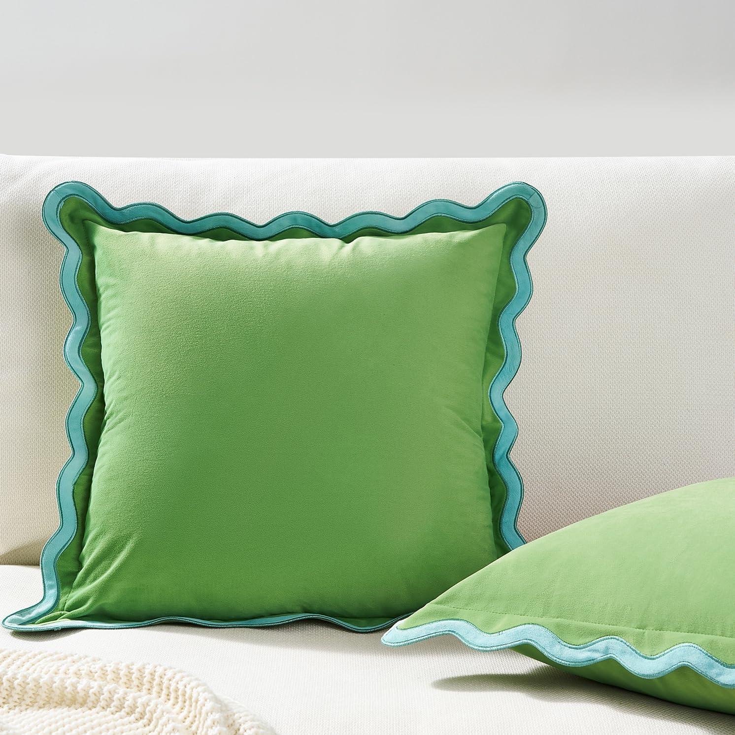 MONDAY MOOSE Decorative Throw Pillow Covers Cushion Cases, Set of 2 Soft Velvet Scalloped Wavy Edge Designs, Pillow Inserts Not Included (22x22 inch, Light Green/Light Blue)