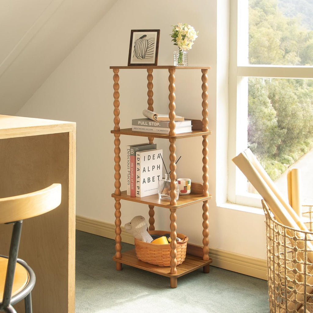 Fultyle Caramel Tan 4-Tier Open Wooden-Leg Bookshelf for Bedroom, Living Room & Office
