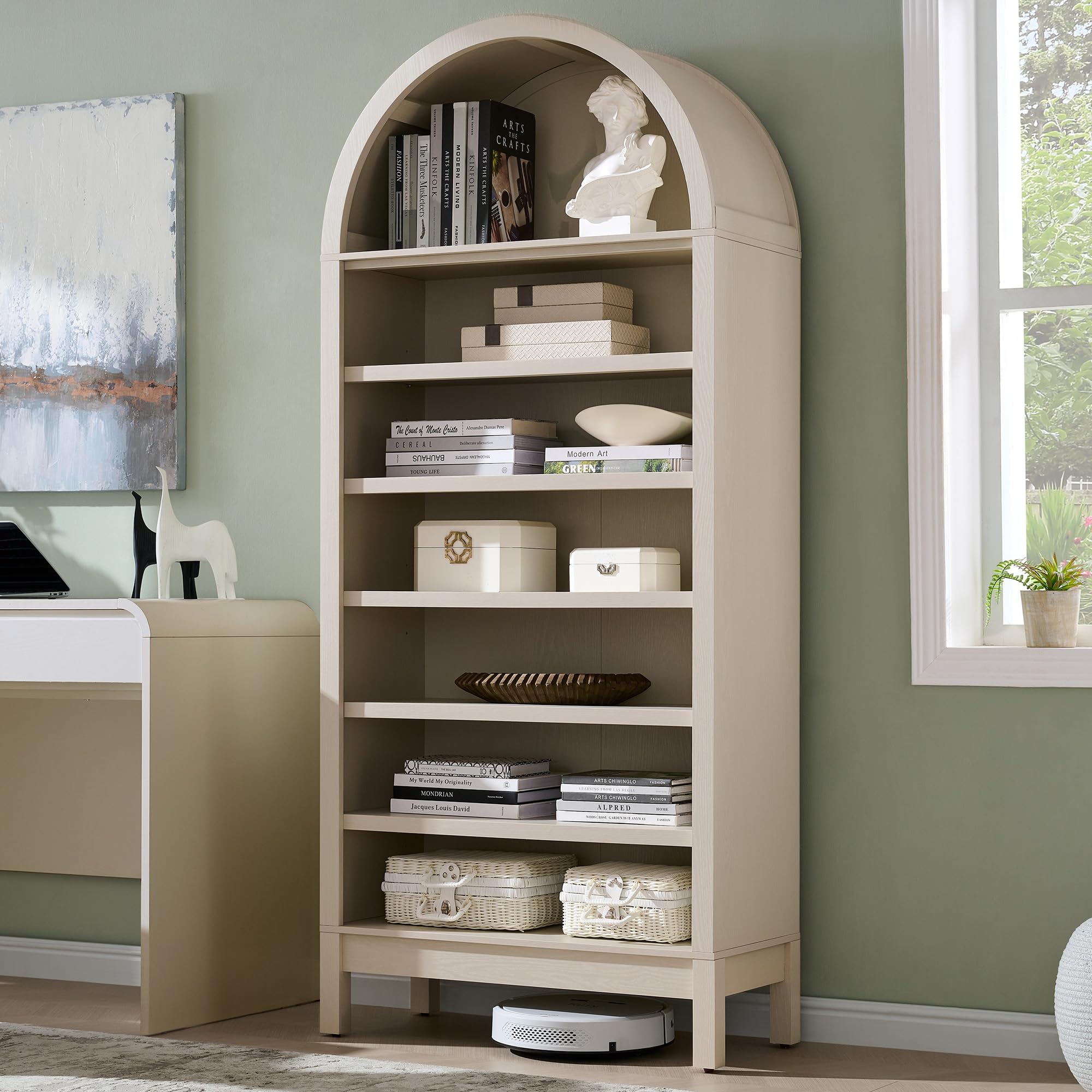 71" 7-Tier Arched Wood Bookshelf Adjustable Shelves, Brown