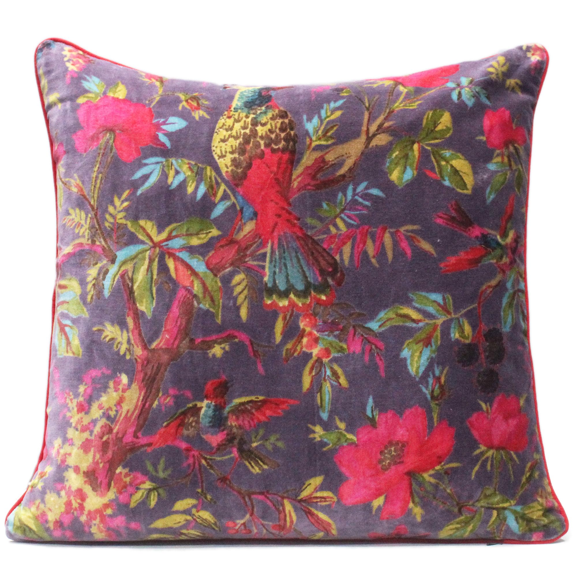 24x24 inch Burgundy Red Velvet Floral Flower Bird Throw Pillow Sofa Cushion Cover Case Couch Bohemian Accent Colorful Boho Chic Indian Handmade Cover Only
