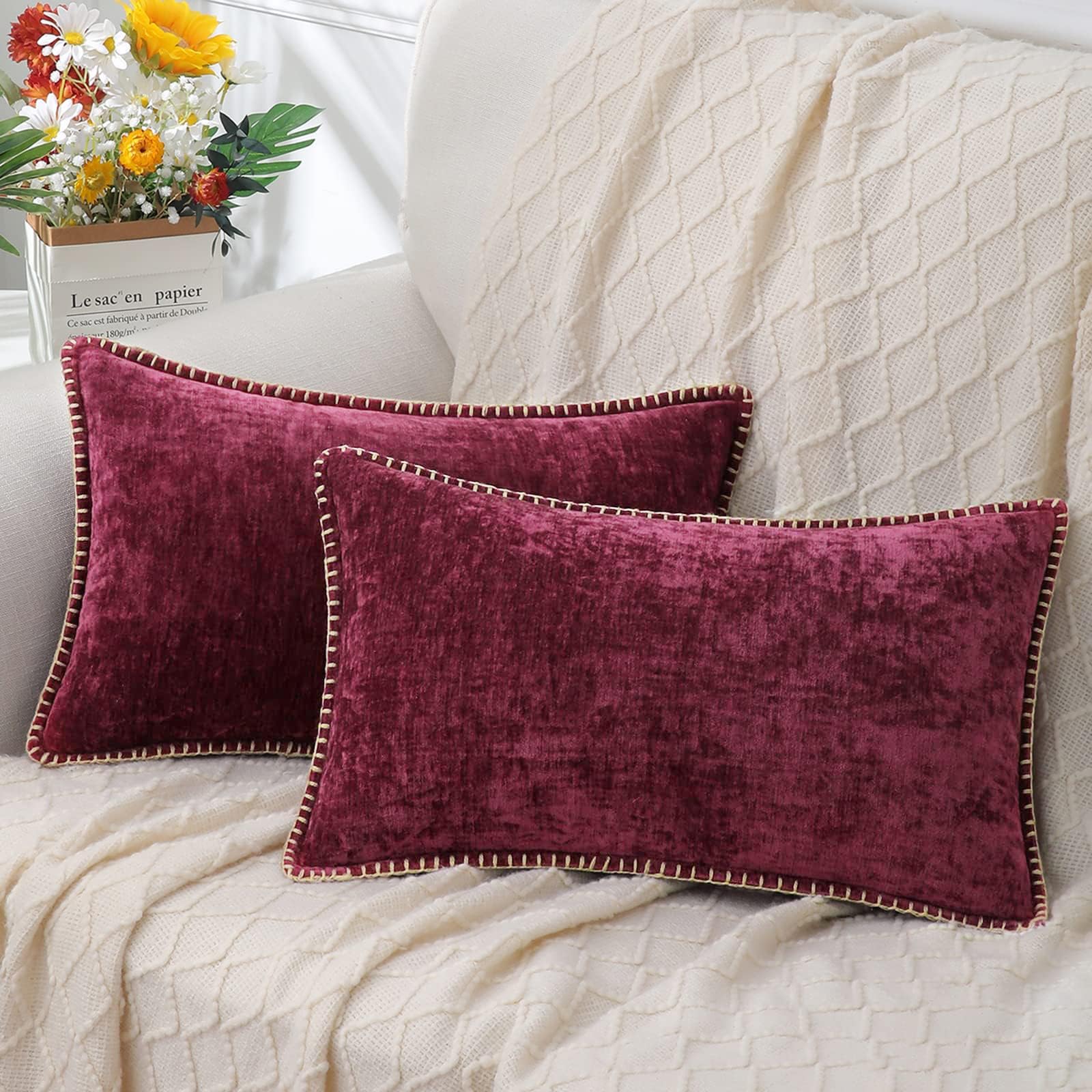 18x18 2-Pack Forest Green Chenille Pillow Covers, Stitched Edge