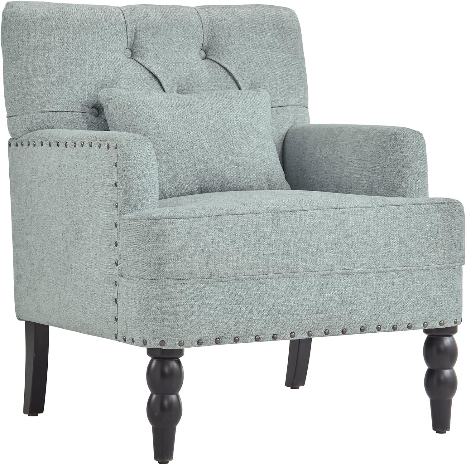 HUIMO Tufted Club Chair,Accent Chair with Lumbar Pillow, Upholstered Button Armchair, Linen Fabric Sofa Chairs for Bedroom, Living Room, Mid Century Modern with Studded Reading Chair Light Blue