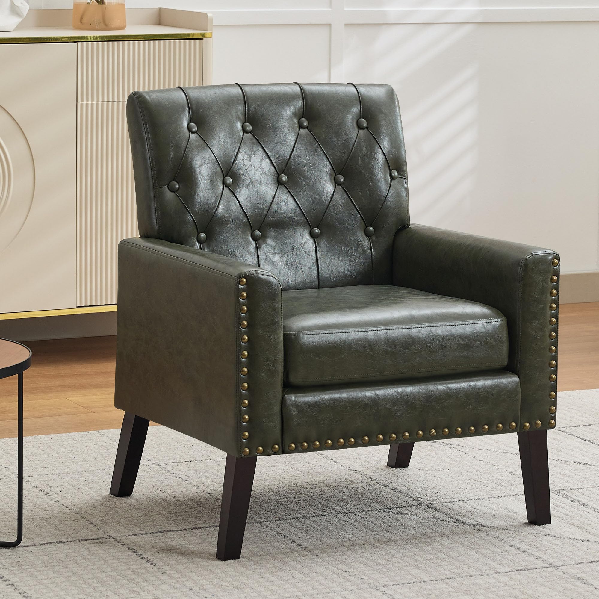 Mid Century Modern Accent Chair, Ivory Faux Leather Office Chair for Reception - Tufted Leather Club Chair for Living Room, Bedroom, or Waiting Room