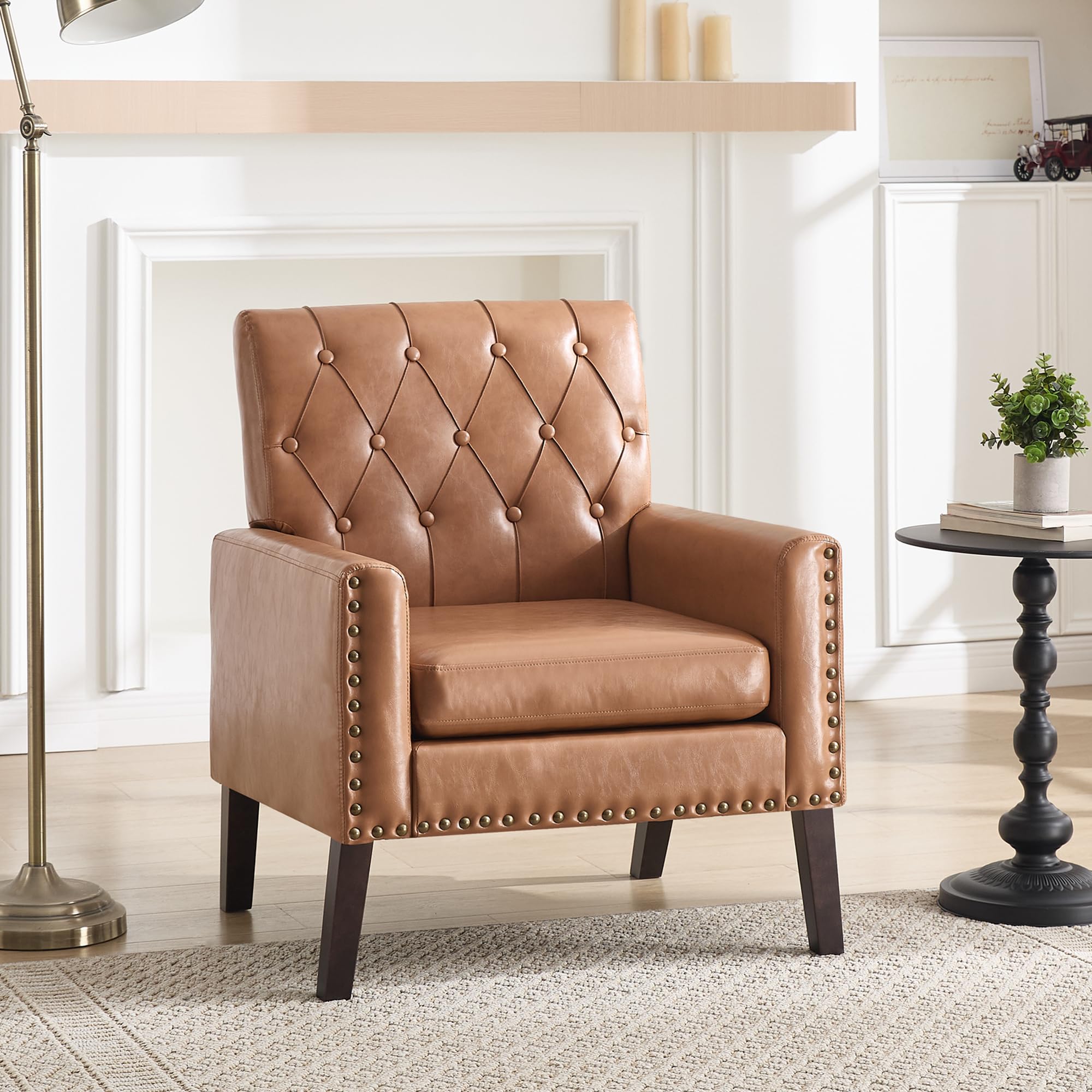 Mid Century Modern Accent Chair, Ivory Faux Leather Office Chair for Reception - Tufted Leather Club Chair for Living Room, Bedroom, or Waiting Room