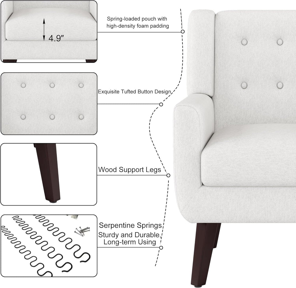 Linen Fabric Living Room Chairs, Accent Chair, Mid Century Modern Armchair for Living Room, Bedroom Button Tufted Upholstered Comfy Reading Sofas,Vanity Chair (2, Beige)