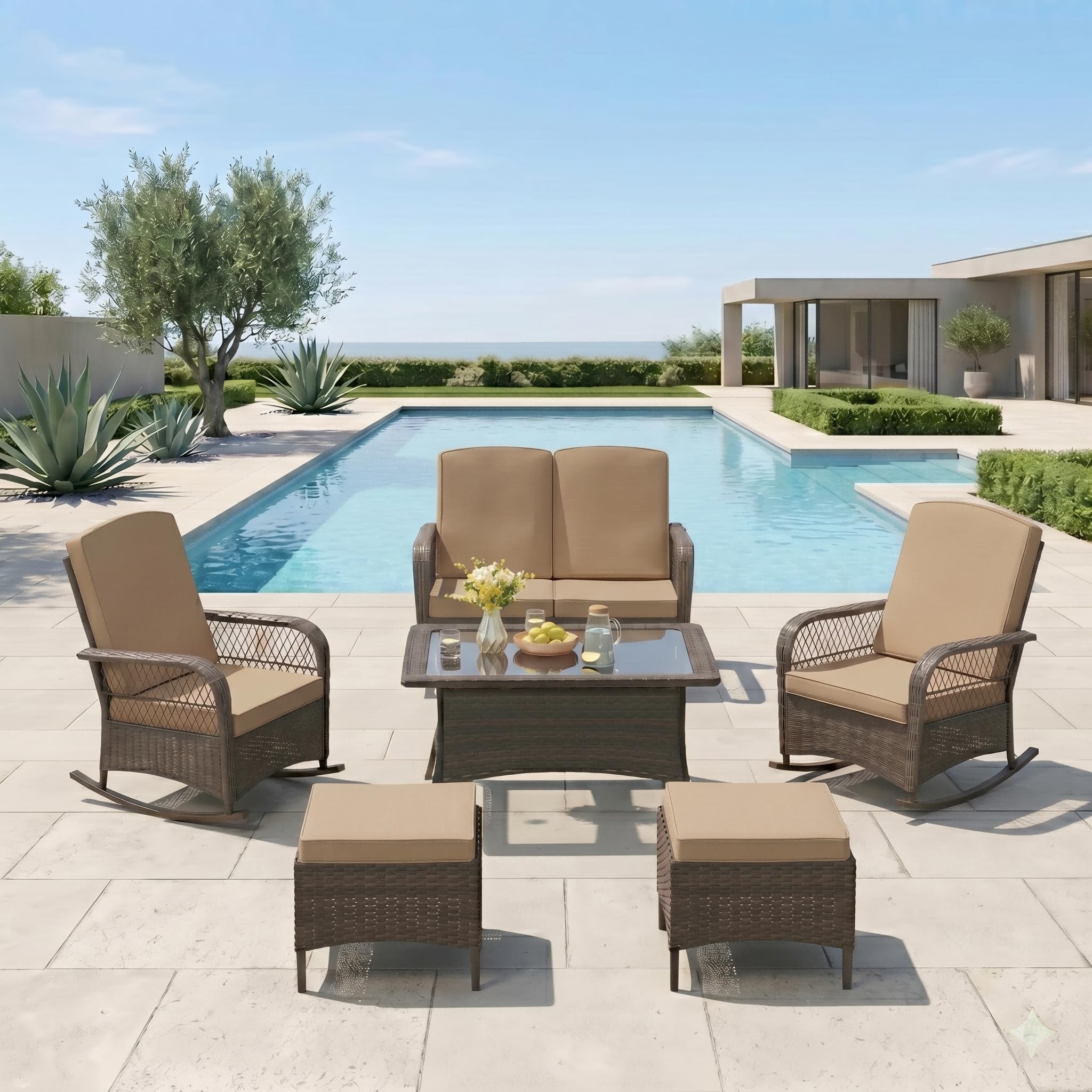 LEVELEVE 3 pcs Rocking Bistro Set Conversation Chairs PE Wicker Outdoor Rocking Chairs & Glass Table,for Porch Lawn Garden Backyard Deck(Rocking Set,Black)
