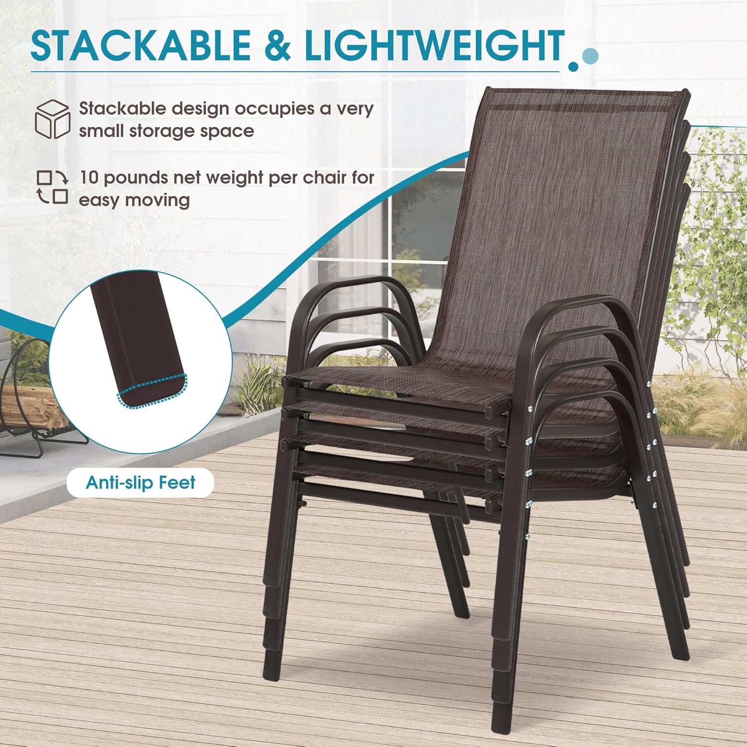 24.4" Wide Outdoor Stackable Chairs Set of 4, Stacking Patio Chairs with Textilene Fabric, Outside Furniture for Garden Backyard Balconie Poolside Deck, Brown