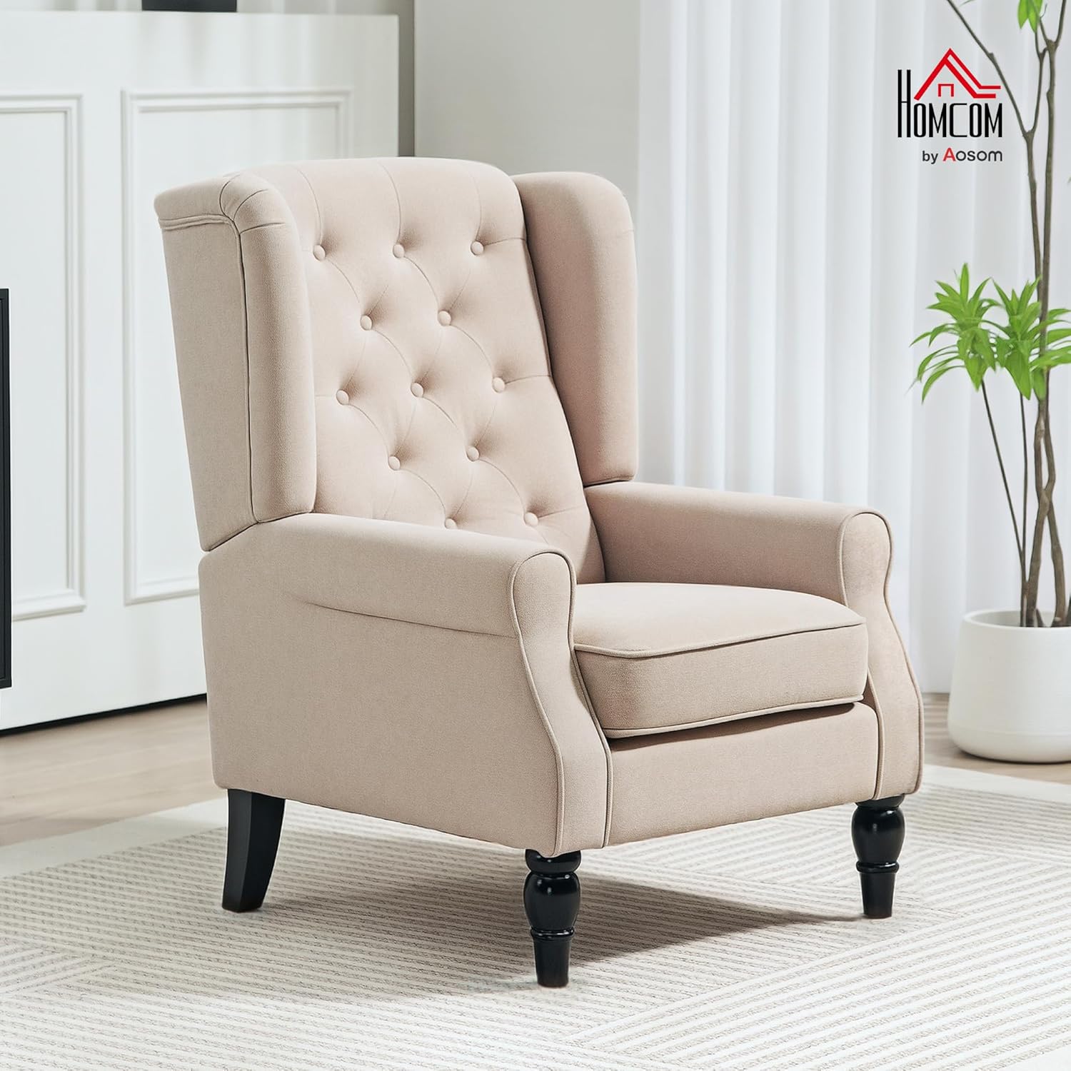 HOMCOM Beige Mid-Century Tufted Wingback Fabric Accent Chair with Wooden Legs for Living Room & Bedroom
