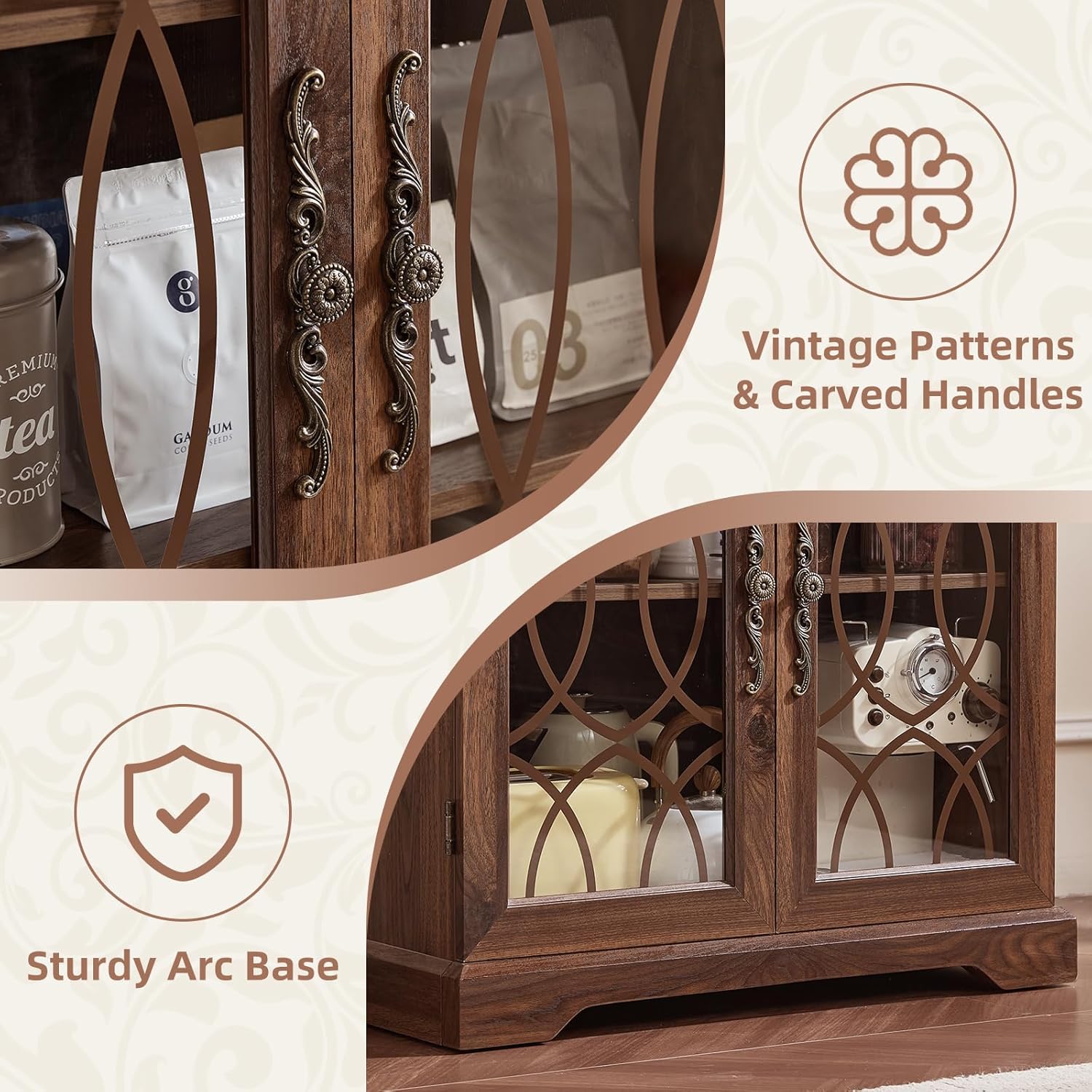 Joaxswe 67" Tall Bookshelf, Rustic Book Shelf w/Vintage Pattern Tempered Glass Doors, 5-Tier Wood Bookcase with Adjustable Storage Shelves, Retro Curio Display Cabinet for Living Room, Brown