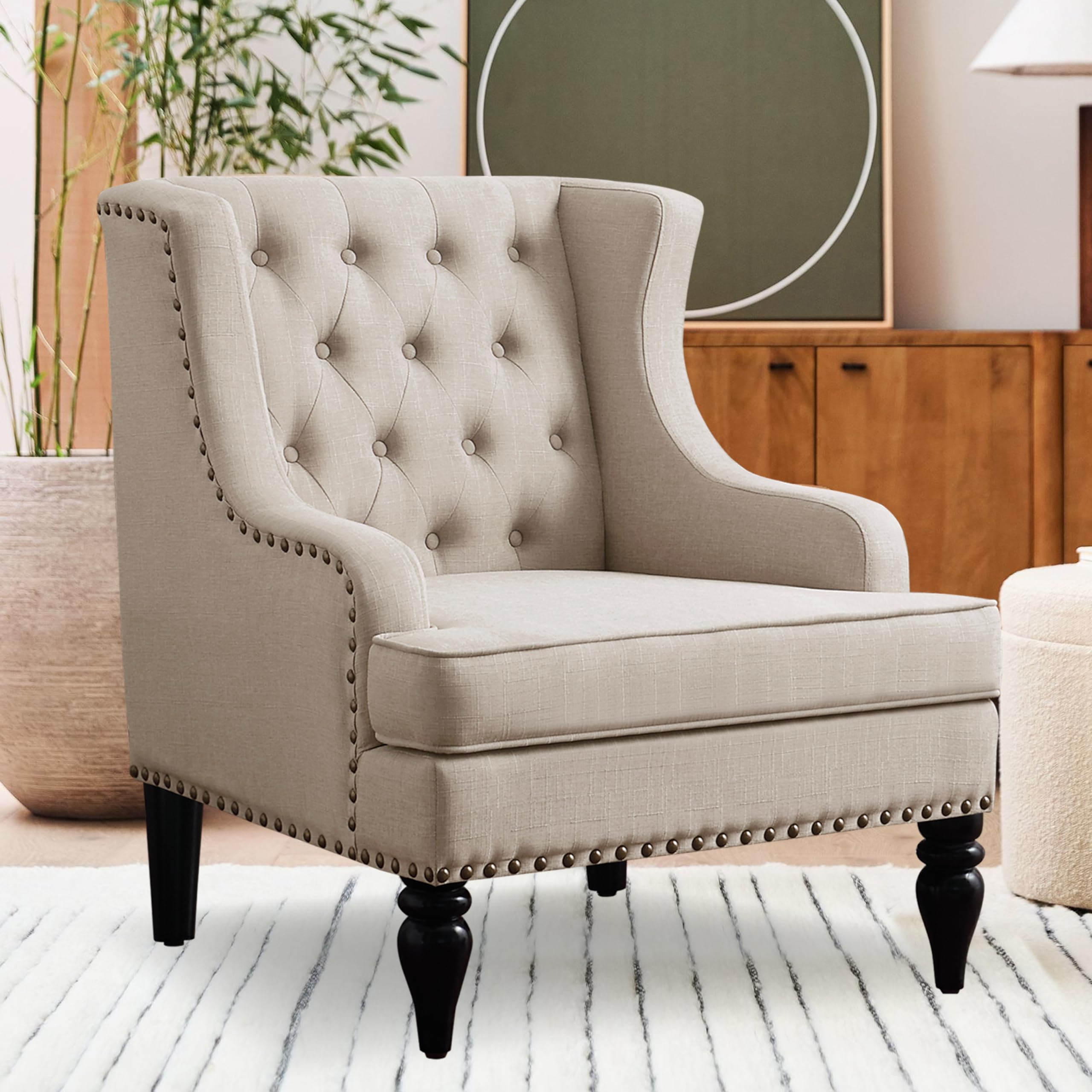 Rosevera Amelia 29" Modern Upholstered Accent Chair Armchair with Wingback Accent Leisure Chair, Fabric Reading Living Room Single Sofa for Living Room Bedroom Balcony Studio,Beige