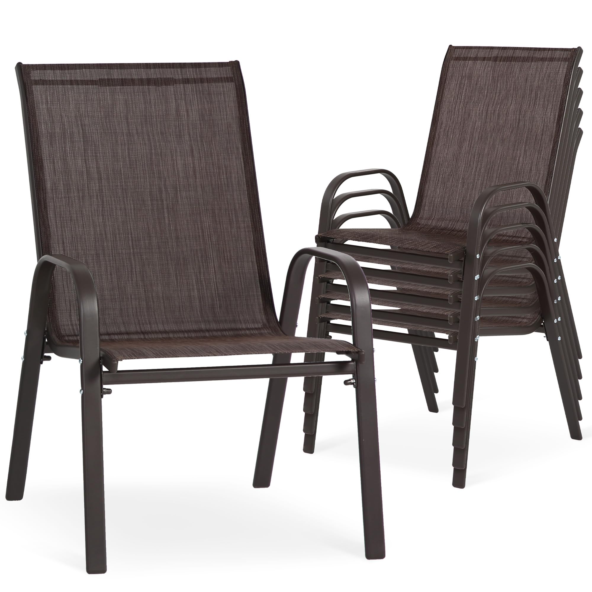 24.4" Wide Outdoor Stackable Chairs Set of 4, Stacking Patio Chairs with Textilene Fabric, Outside Furniture for Garden Backyard Balconie Poolside Deck, Brown