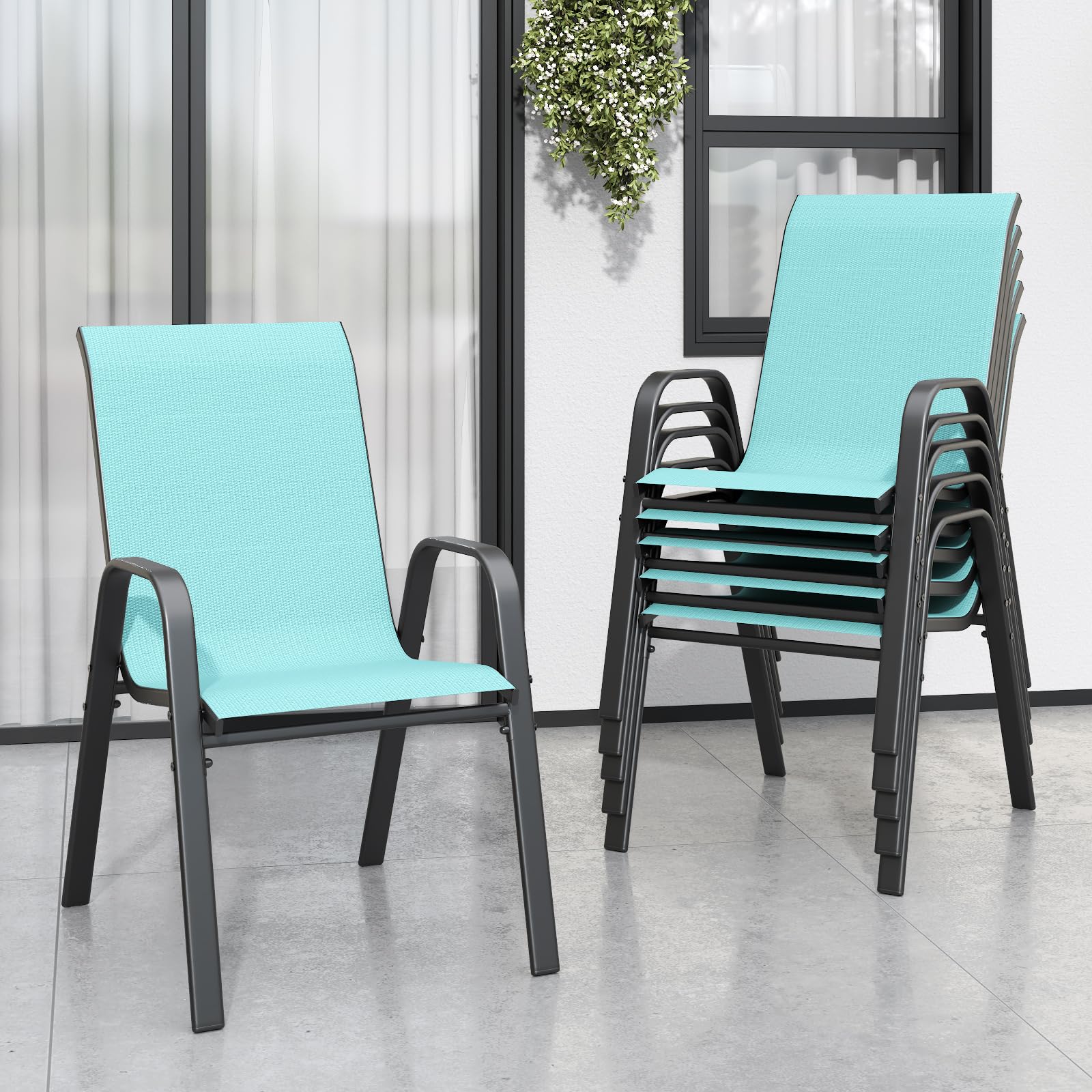 Patio Chairs Set of 6, Stackable Outdoor Dining Chairs for All Weather Textilene Fabric & Metal Frame, Outdoor Chairs Set for Backyard Deck Garden