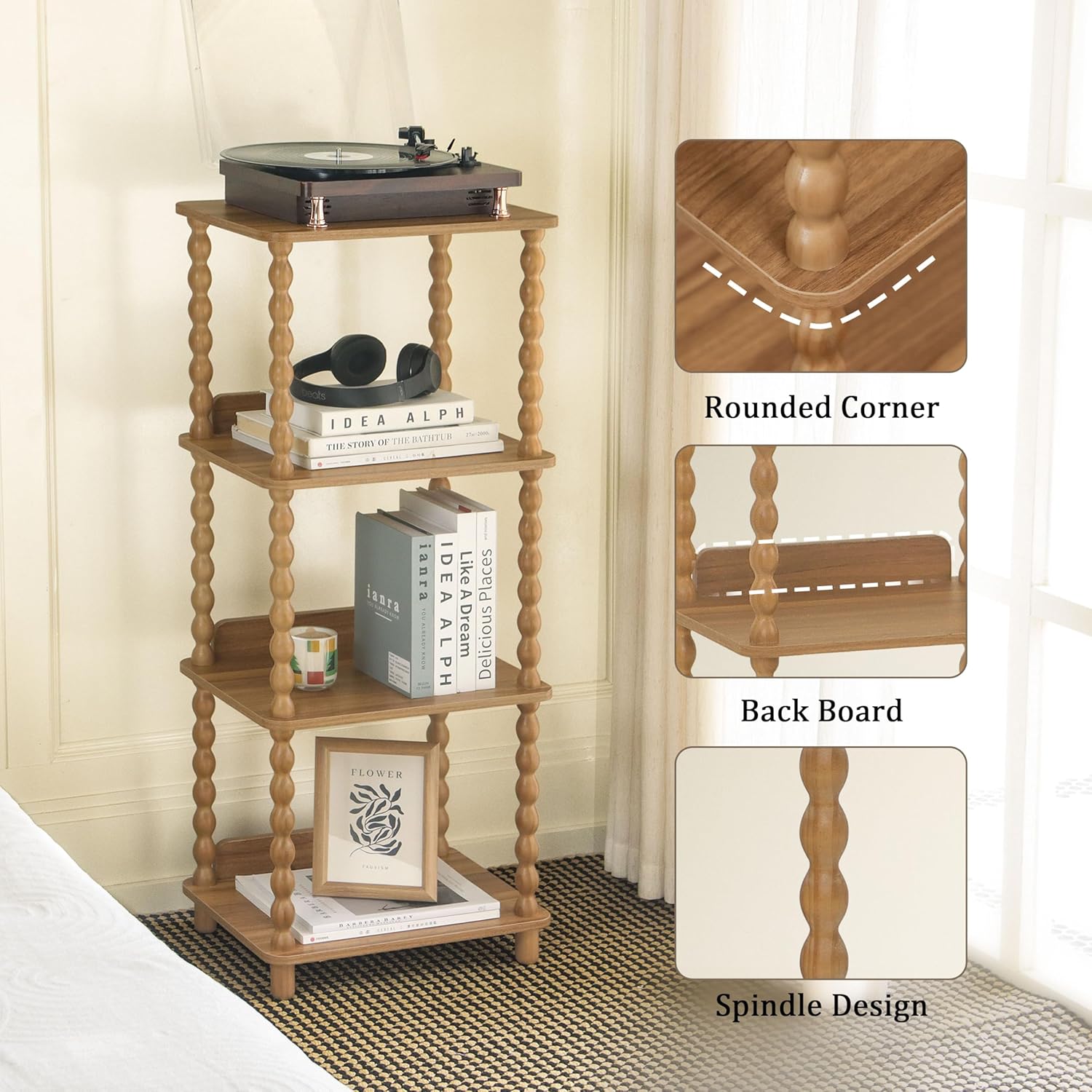 Fultyle Caramel Tan 4-Tier Open Wooden-Leg Bookshelf for Bedroom, Living Room & Office