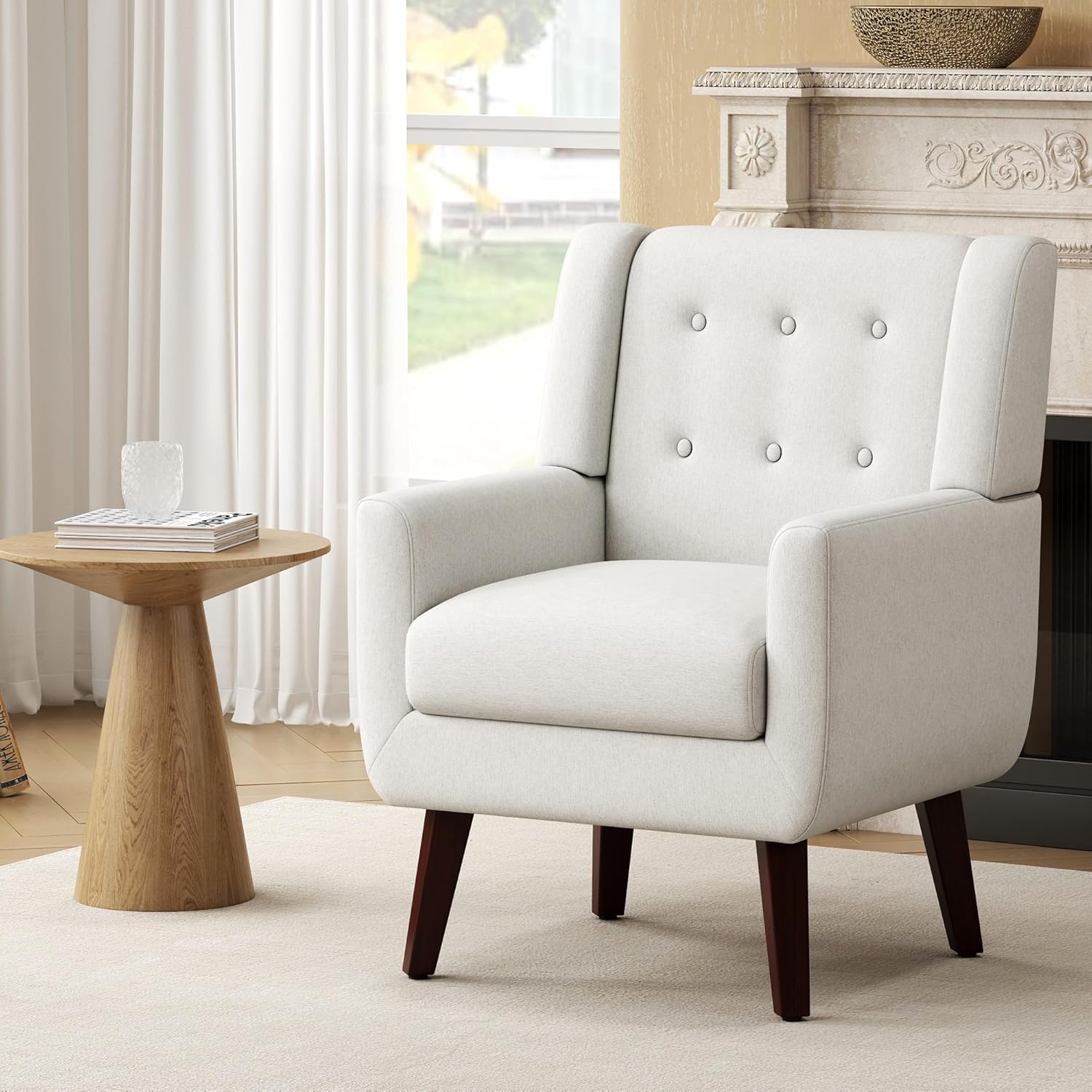 Linen Fabric Living Room Chairs, Accent Chair, Mid Century Modern Armchair for Living Room, Bedroom Button Tufted Upholstered Comfy Reading Sofas,Vanity Chair (2, Beige)
