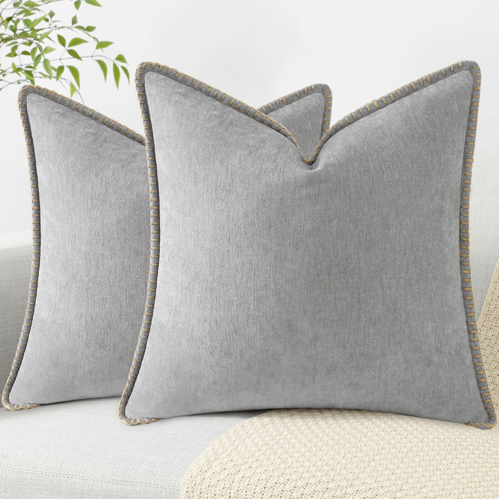 18x18 2-Pack Forest Green Chenille Pillow Covers, Stitched Edge