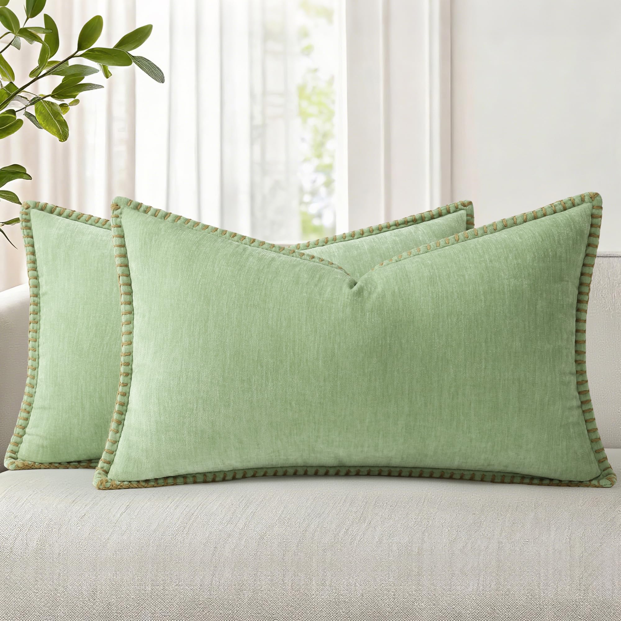 18x18 2-Pack Forest Green Chenille Pillow Covers, Stitched Edge