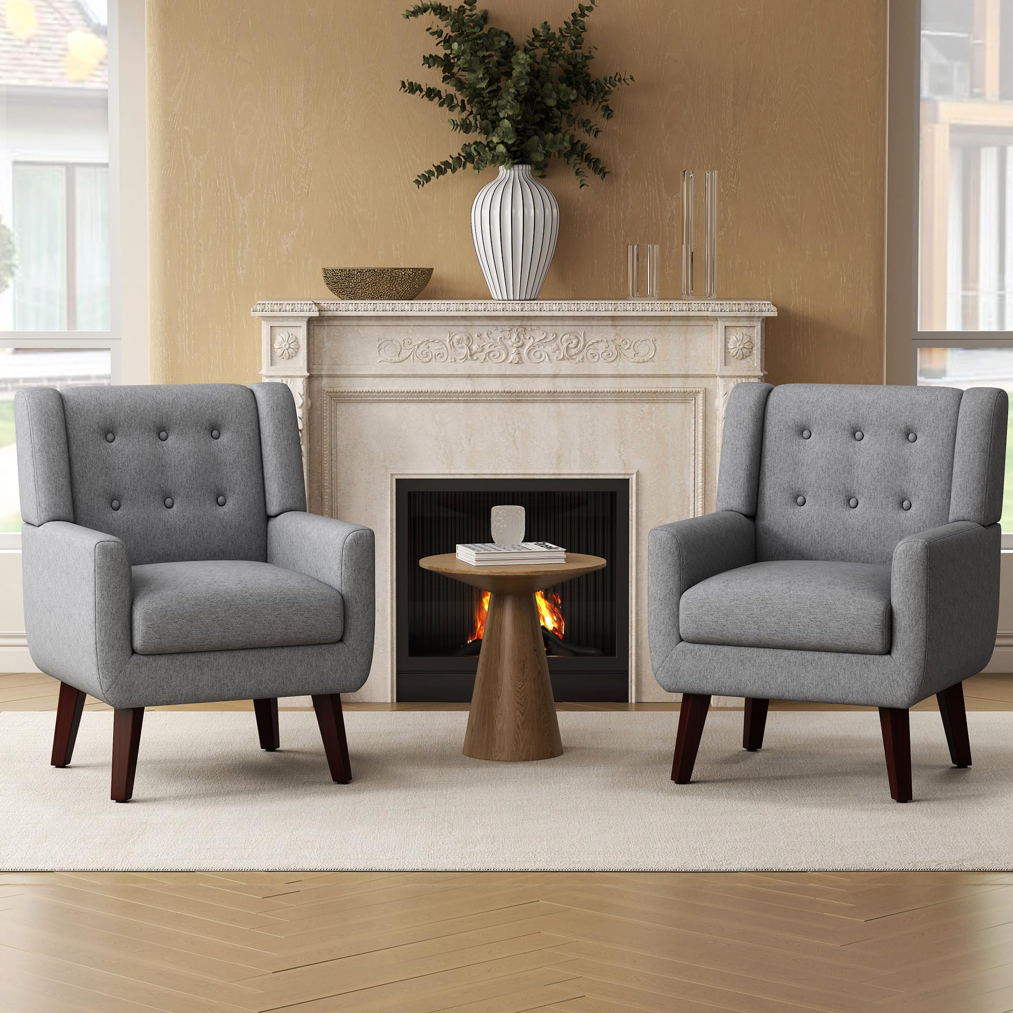 Linen Fabric Living Room Chairs, Accent Chair, Mid Century Modern Armchair for Living Room, Bedroom Button Tufted Upholstered Comfy Reading Sofas,Vanity Chair (2, Beige)