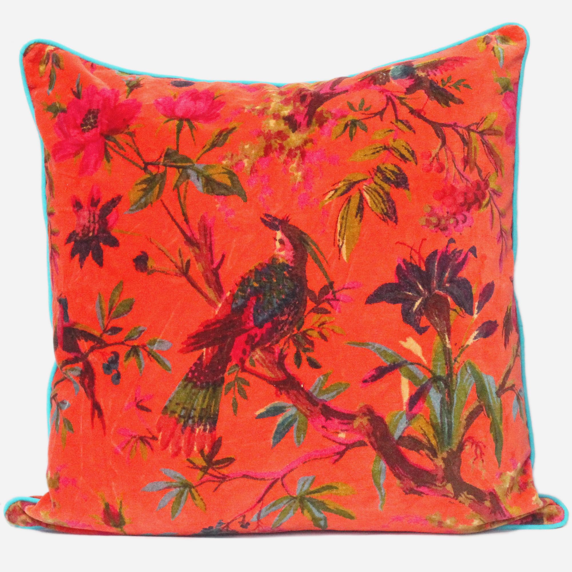 24x24 inch Burgundy Red Velvet Floral Flower Bird Throw Pillow Sofa Cushion Cover Case Couch Bohemian Accent Colorful Boho Chic Indian Handmade Cover Only