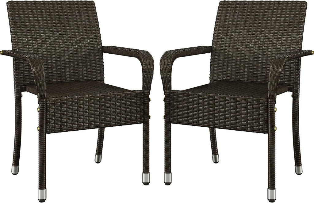 Yaheetech Set of 2 Stackable Outdoor Rattan Dining Chairs, All-Weather Armchair w/Armrests, Steel Frame for Garden, Patio, Deck, Yard, Poolside, Brown