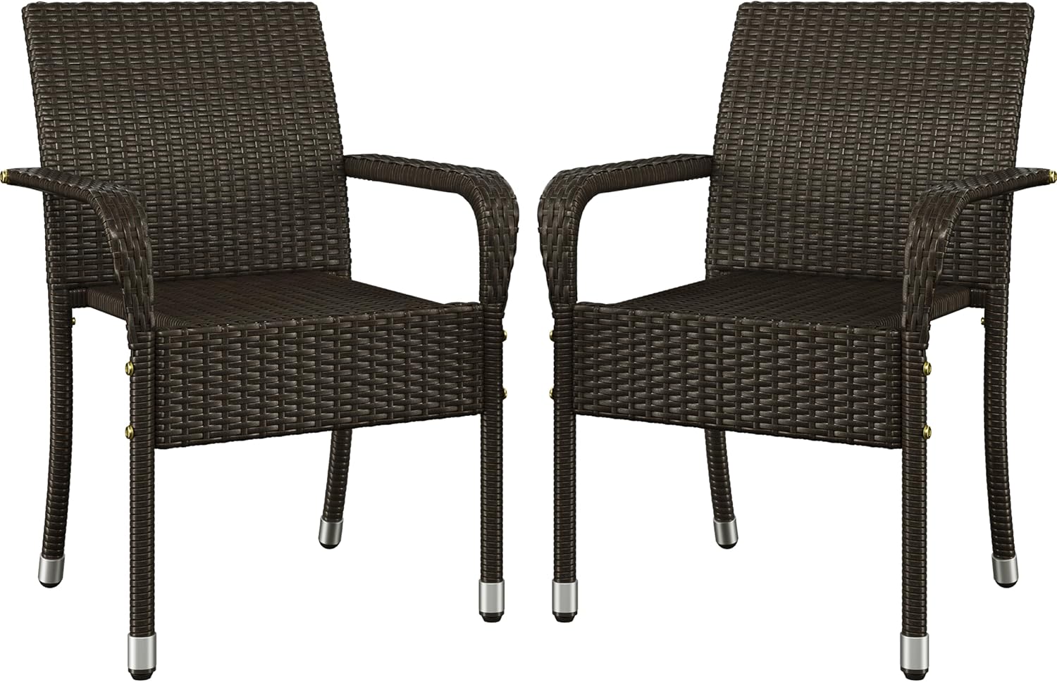 Yaheetech Set of 2 Stackable Outdoor Rattan Dining Chairs, All-Weather Armchair w/Armrests, Steel Frame for Garden, Patio, Deck, Yard, Poolside, Brown