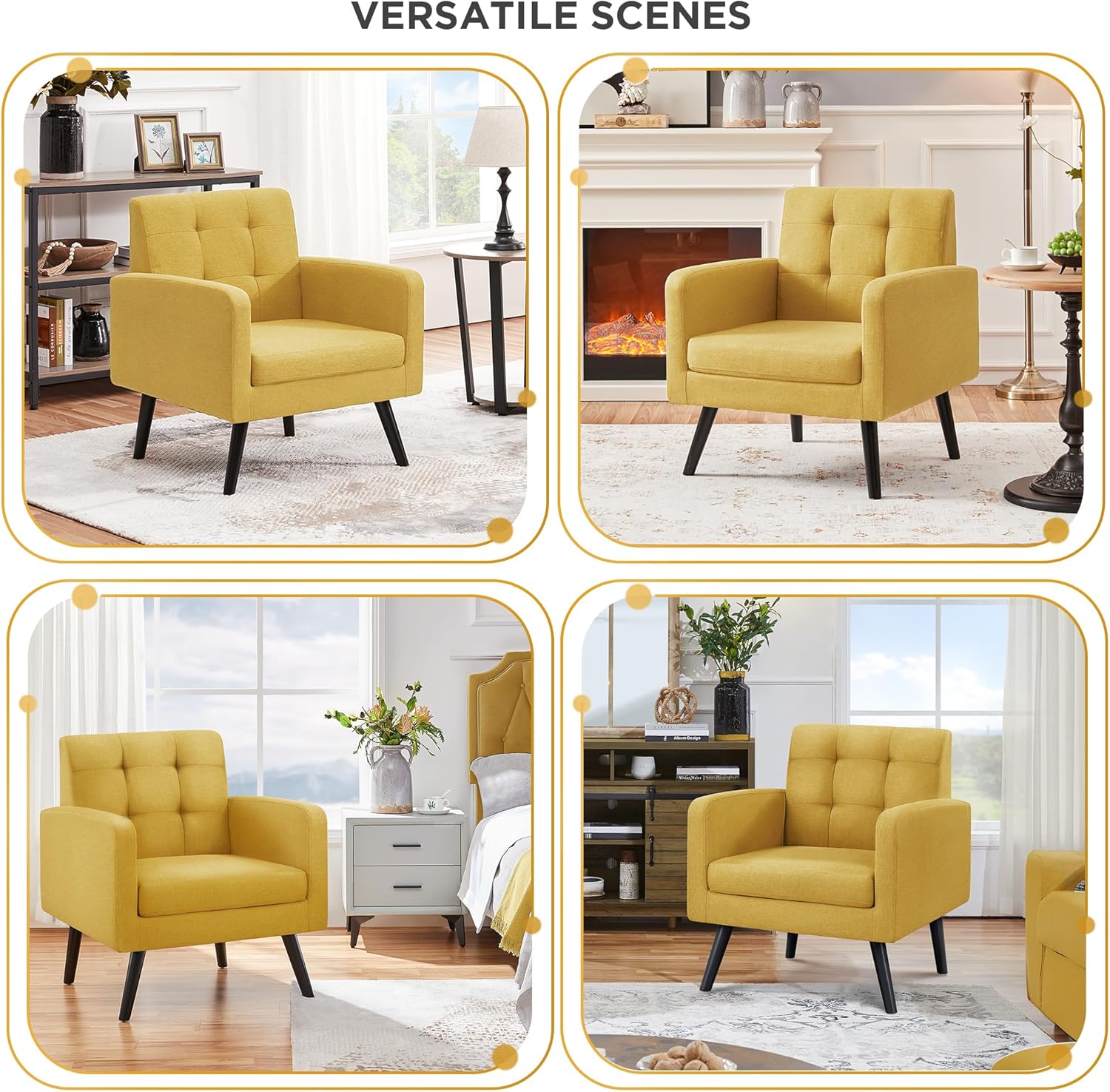 Yaheetech Mid-Century Accent Chairs, Modern Upholstered Living Room Chair, Cozy Armchair Button Tufted Back and Wood Legs for Bedroom/Office/Cafe, Yellow