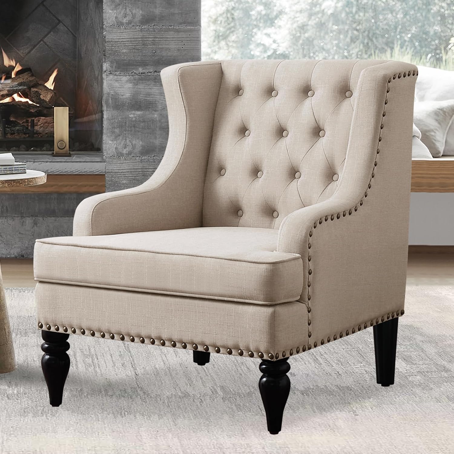 Rosevera Amelia 29" Modern Upholstered Accent Chair Armchair with Wingback Accent Leisure Chair, Fabric Reading Living Room Single Sofa for Living Room Bedroom Balcony Studio,Beige