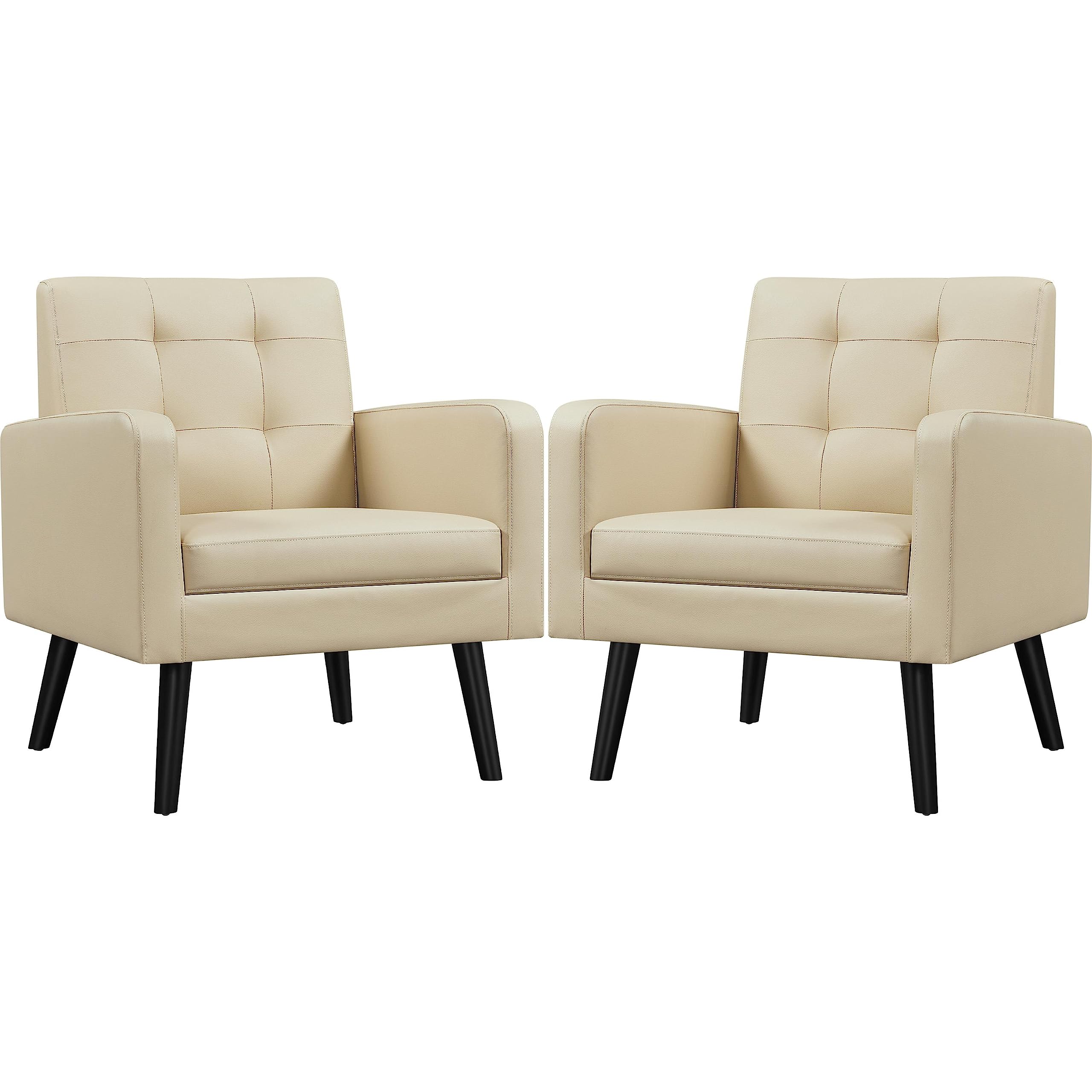 Yaheetech Mid-Century Accent Chairs, Modern Upholstered Living Room Chair, Cozy Armchair Button Tufted Back and Wood Legs for Bedroom/Office/Cafe, Navy Blue