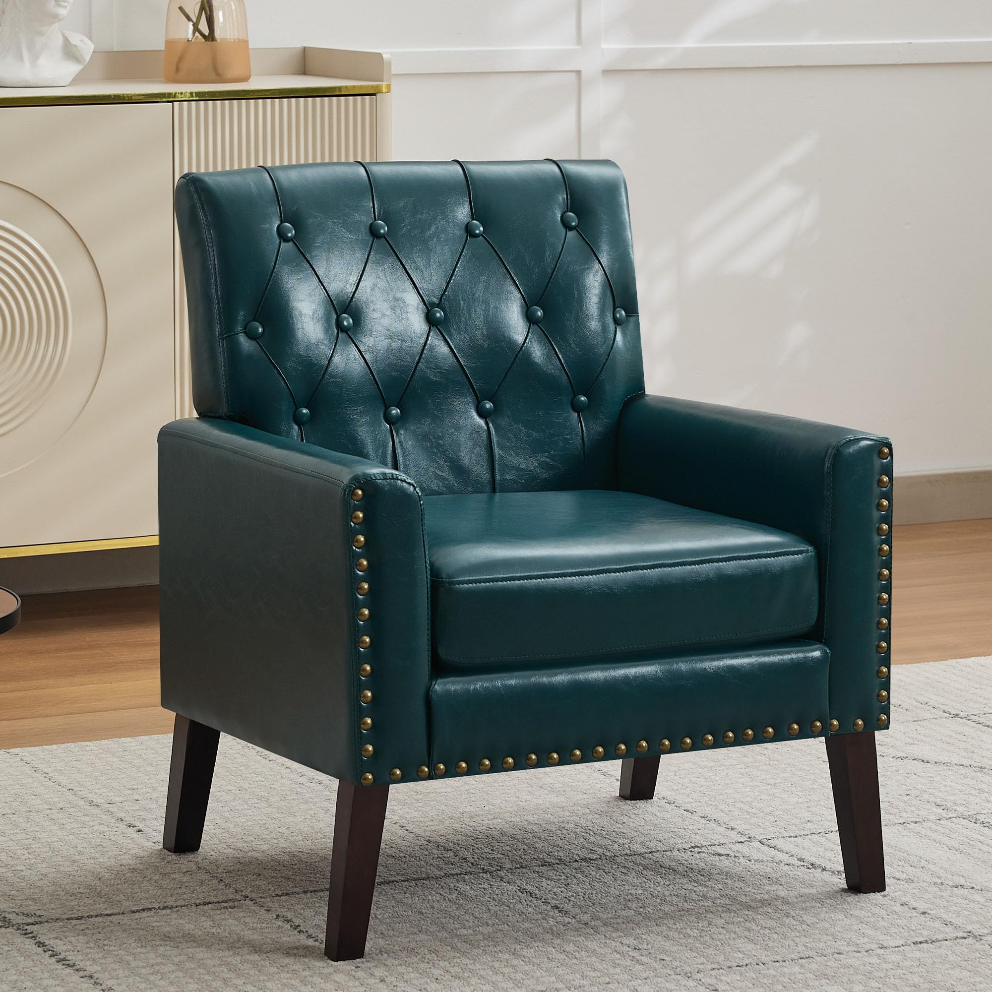 Mid Century Modern Accent Chair, Ivory Faux Leather Office Chair for Reception - Tufted Leather Club Chair for Living Room, Bedroom, or Waiting Room