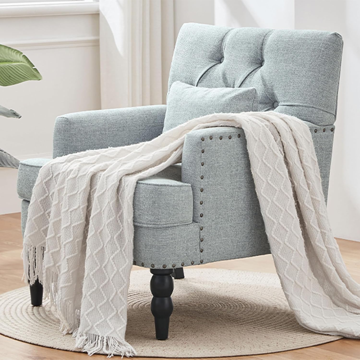 HUIMO Tufted Club Chair,Accent Chair with Lumbar Pillow, Upholstered Button Armchair, Linen Fabric Sofa Chairs for Bedroom, Living Room, Mid Century Modern with Studded Reading Chair Light Blue