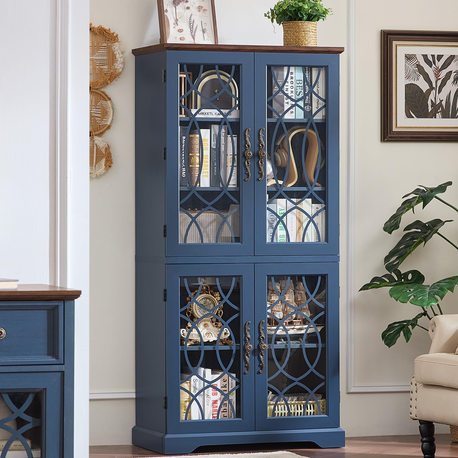 Joaxswe 67" Tall Bookshelf, Rustic Book Shelf w/Vintage Pattern Tempered Glass Doors, 5-Tier Wood Bookcase with Adjustable Storage Shelves, Retro Curio Display Cabinet for Living Room, Brown
