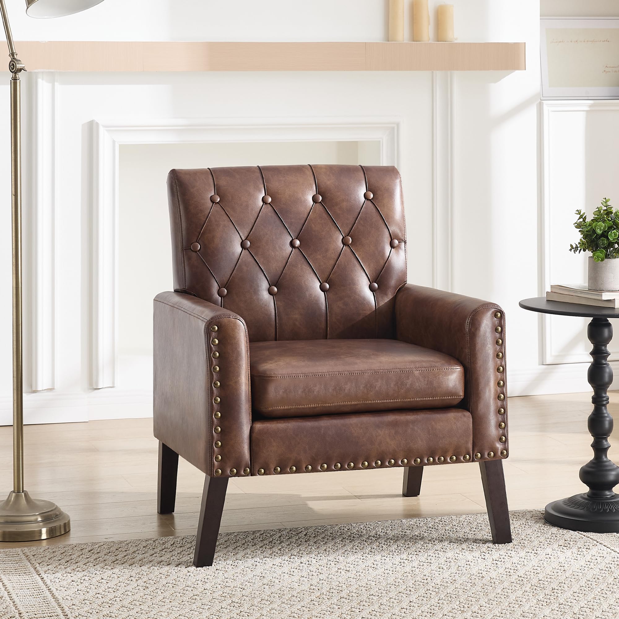 Mid Century Modern Accent Chair, Ivory Faux Leather Office Chair for Reception - Tufted Leather Club Chair for Living Room, Bedroom, or Waiting Room