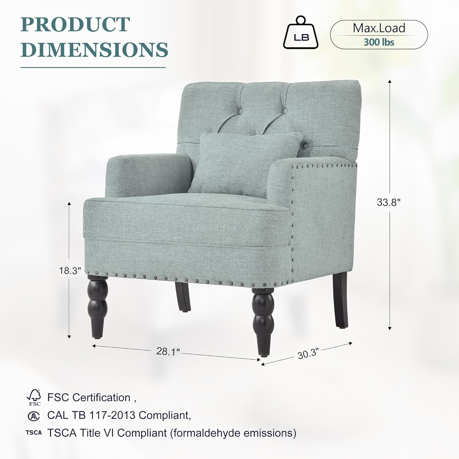 HUIMO Tufted Club Chair,Accent Chair with Lumbar Pillow, Upholstered Button Armchair, Linen Fabric Sofa Chairs for Bedroom, Living Room, Mid Century Modern with Studded Reading Chair Light Blue