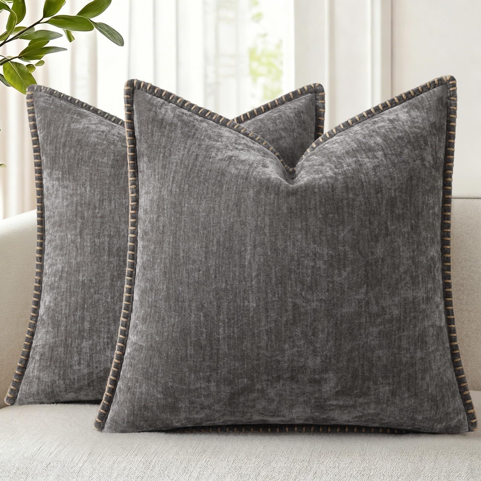 18x18 2-Pack Forest Green Chenille Pillow Covers, Stitched Edge