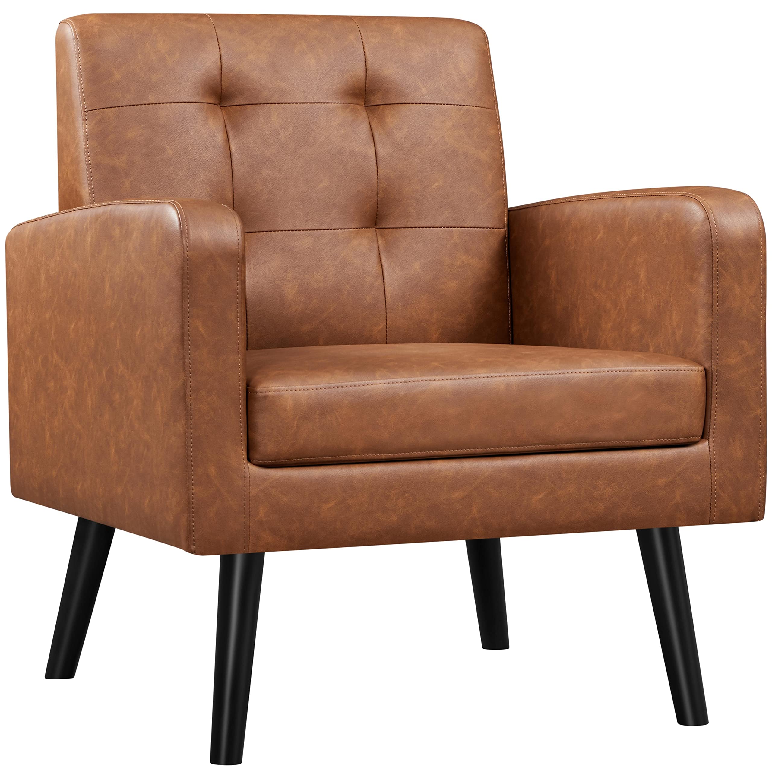 Yaheetech Mid-Century Accent Chairs, Modern Upholstered Living Room Chair, Cozy Armchair Button Tufted Back and Wood Legs for Bedroom/Office/Cafe, Yellow