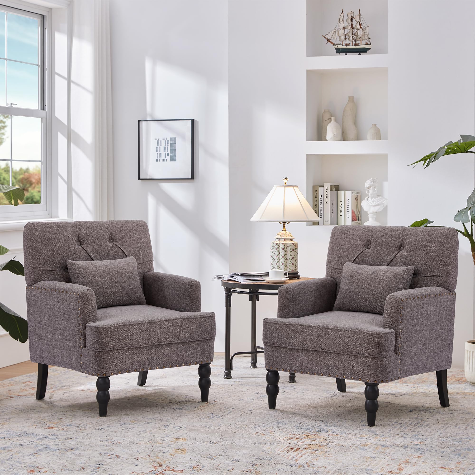 HUIMO Tufted Club Chair,Accent Chair with Lumbar Pillow, Upholstered Button Armchair, Linen Fabric Sofa Chairs for Bedroom, Living Room, Mid Century Modern with Studded Reading Chair Light Blue