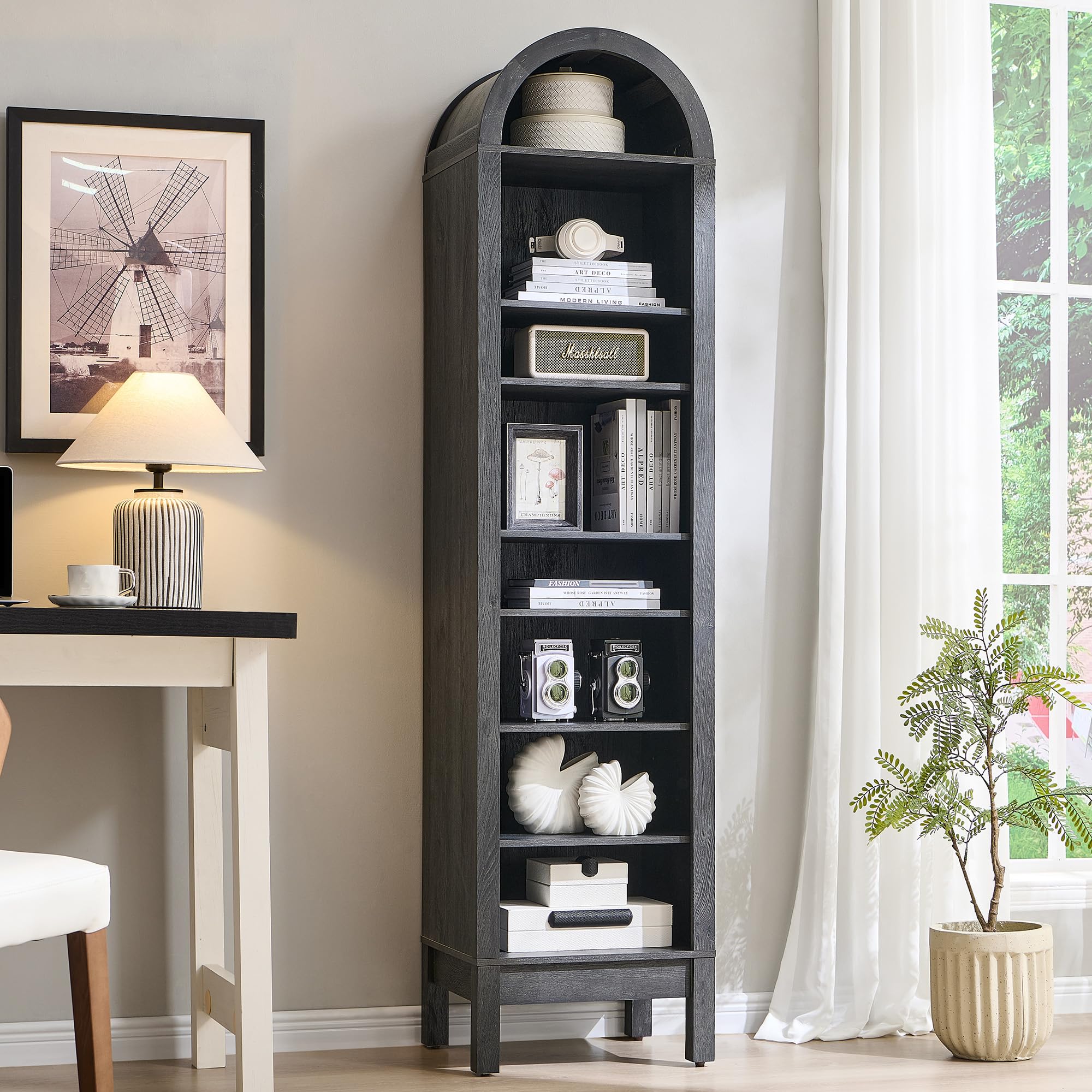 71" 7-Tier Arched Wood Bookshelf Adjustable Shelves, Brown