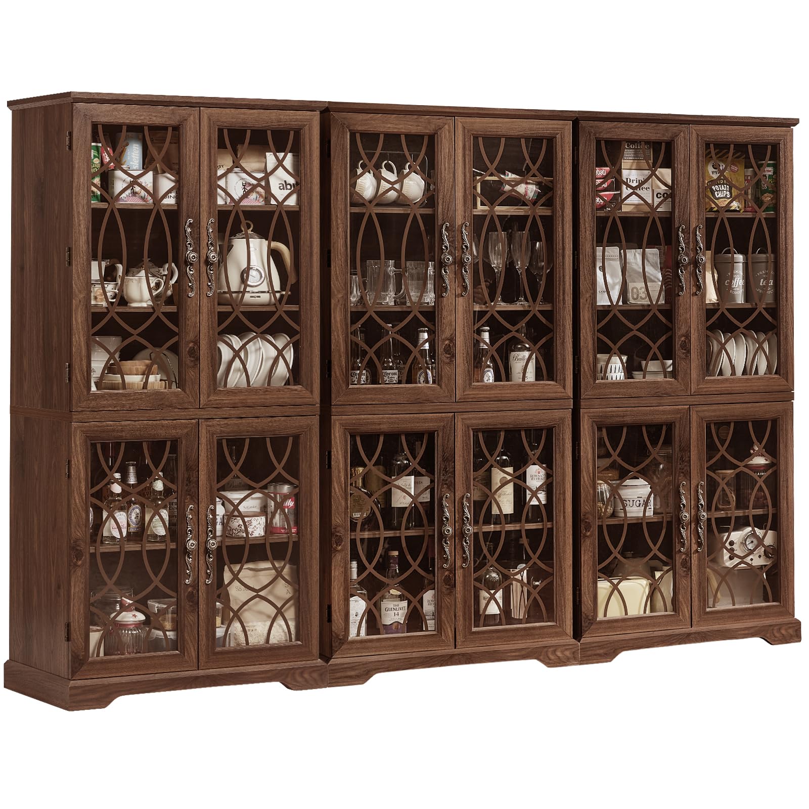 Joaxswe 67" Tall Bookshelf, Rustic Book Shelf w/Vintage Pattern Tempered Glass Doors, 5-Tier Wood Bookcase with Adjustable Storage Shelves, Retro Curio Display Cabinet for Living Room, Brown