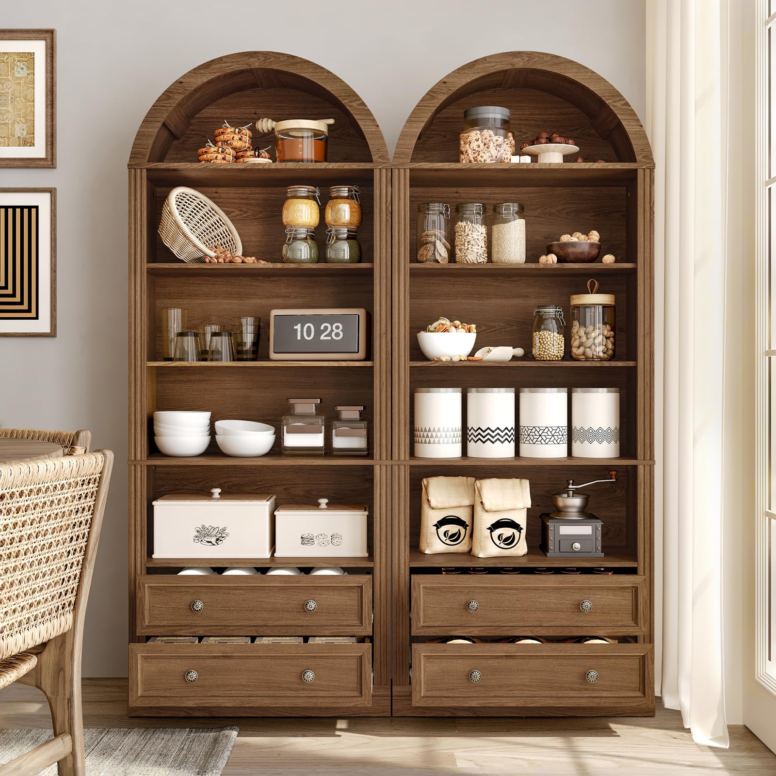 RALGEND Farmhouse Arched Bookshelf, 7 Tiers Arch Bookcase with 2 Spacious Drawers, Modern Book Shelf with Open Display Shelves and Storage Cabinet, for Office, Living Room, Kitchen, Walnut