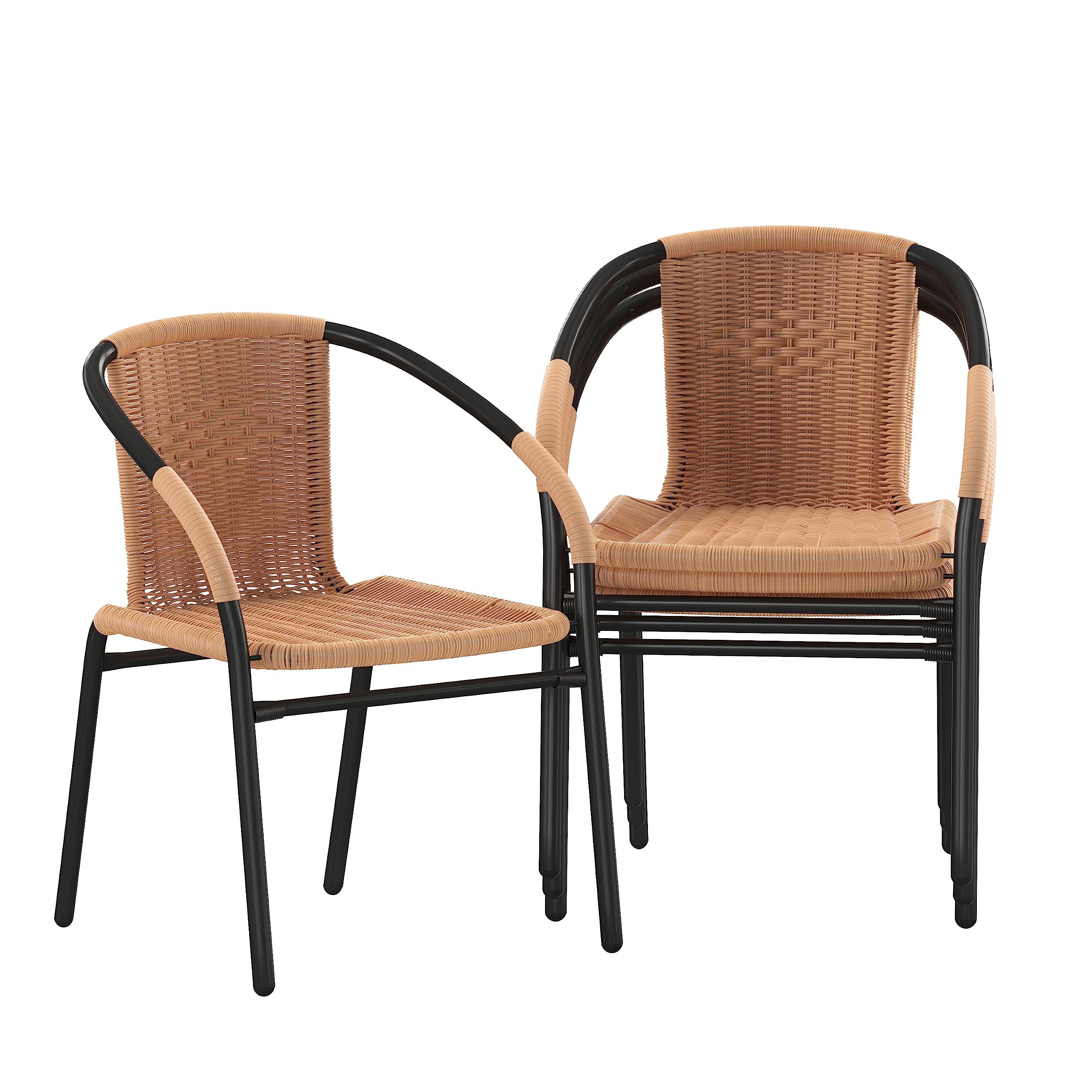 Flash Furniture Lila Modern Rattan Indoor/Outdoor Stackable Dining Chairs, Stacking Rattan Bistro Chairs for Patio or Restaurant, Set of 4, Black