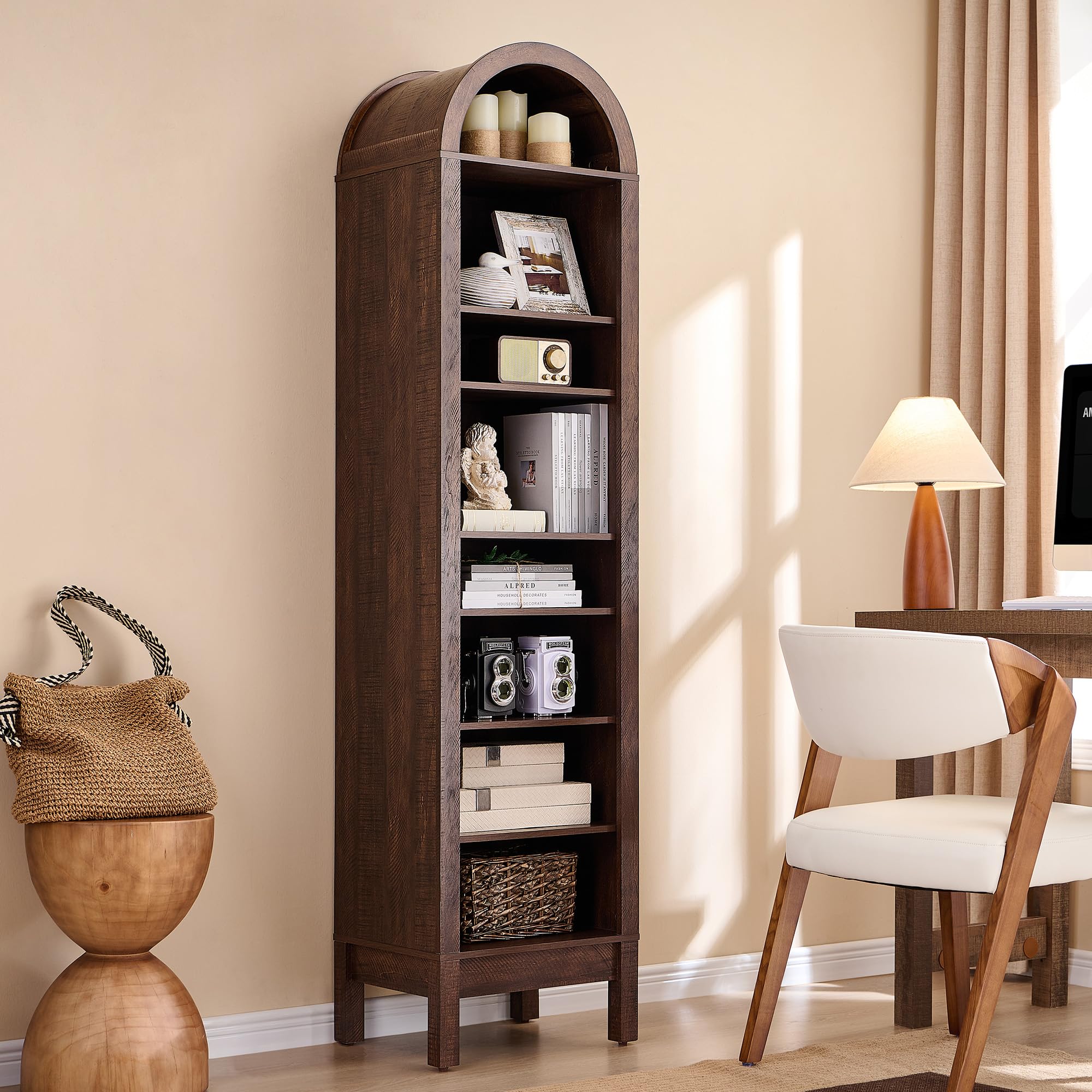 71" 7-Tier Arched Wood Bookshelf Adjustable Shelves, Brown