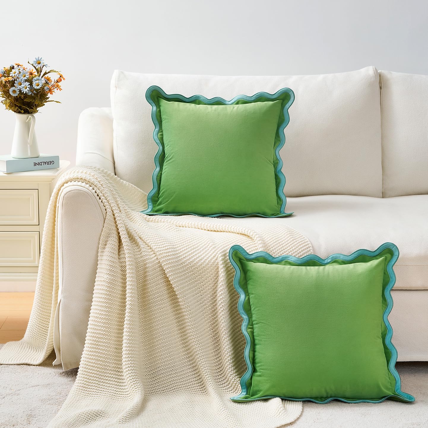 MONDAY MOOSE Decorative Throw Pillow Covers Cushion Cases, Set of 2 Soft Velvet Scalloped Wavy Edge Designs, Pillow Inserts Not Included (22x22 inch, Light Green/Light Blue)