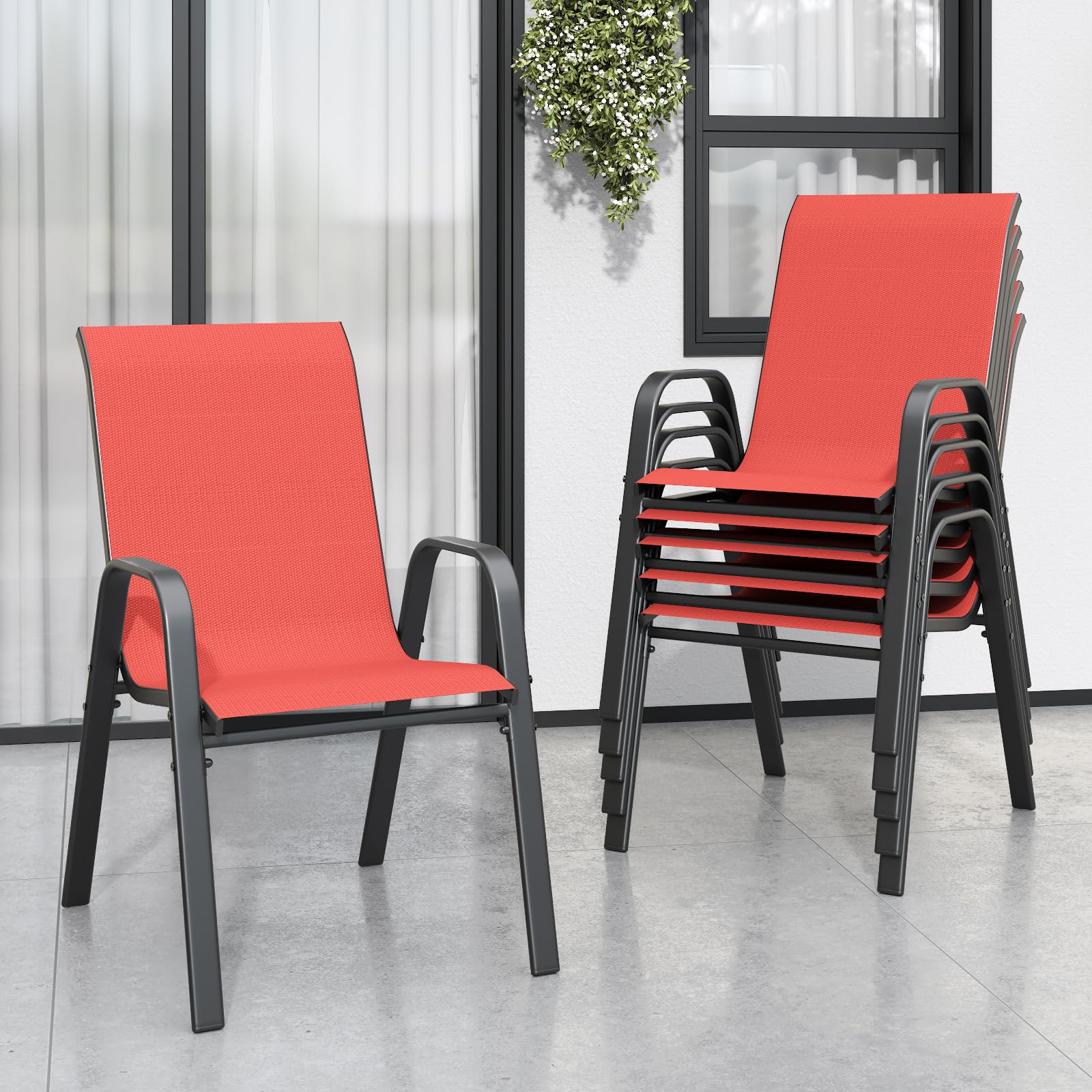 Patio Chairs Set of 6, Stackable Outdoor Dining Chairs for All Weather Textilene Fabric & Metal Frame, Outdoor Chairs Set for Backyard Deck Garden