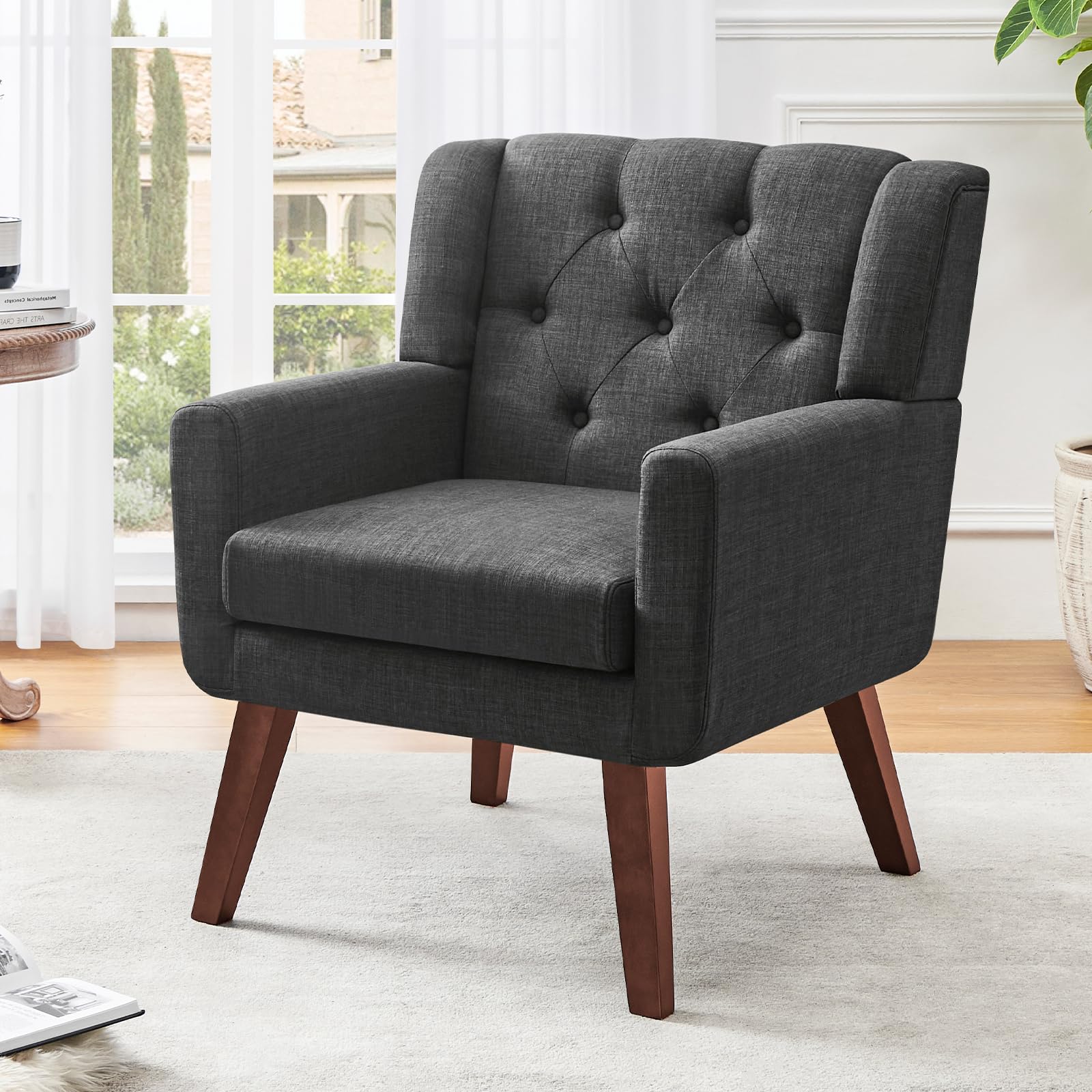 Accent Chair Button-Tufted Upholstered Living Room Chairs Comfy Reading Chair Mid Century Modern Chair with Linen Fabric Lounge Arm Chairs for Living Room Bedroom（Green）