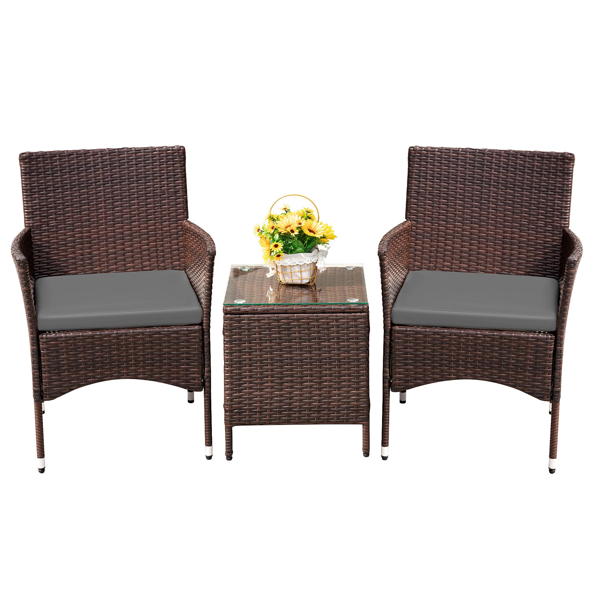 Devoko Patio Porch Furniture Sets 3 Pieces PE Rattan Wicker Chairs with Table Outdoor Garden Furniture Sets (Brown/Beige)