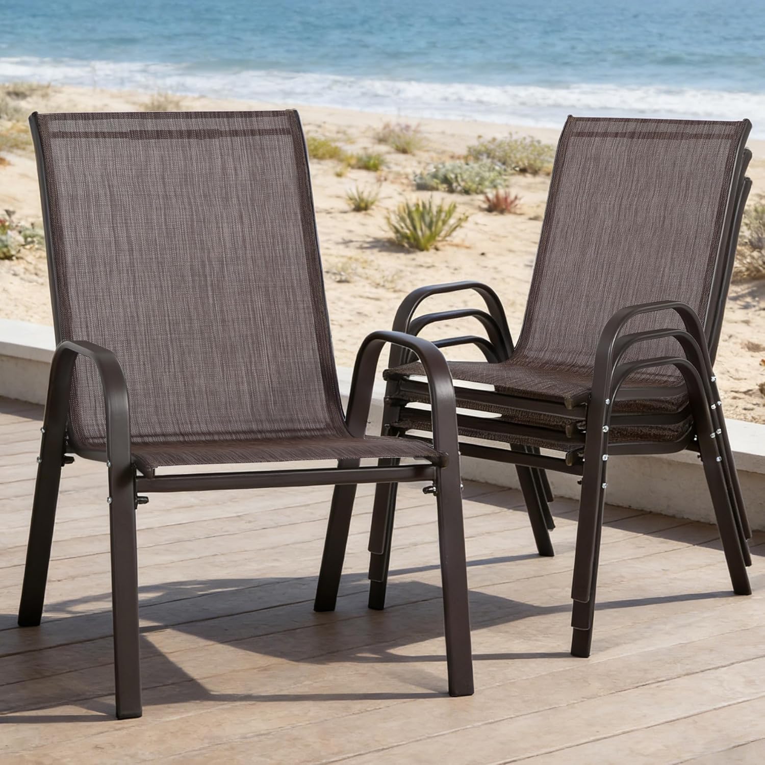 24.4" Wide Outdoor Stackable Chairs Set of 4, Stacking Patio Chairs with Textilene Fabric, Outside Furniture for Garden Backyard Balconie Poolside Deck, Brown